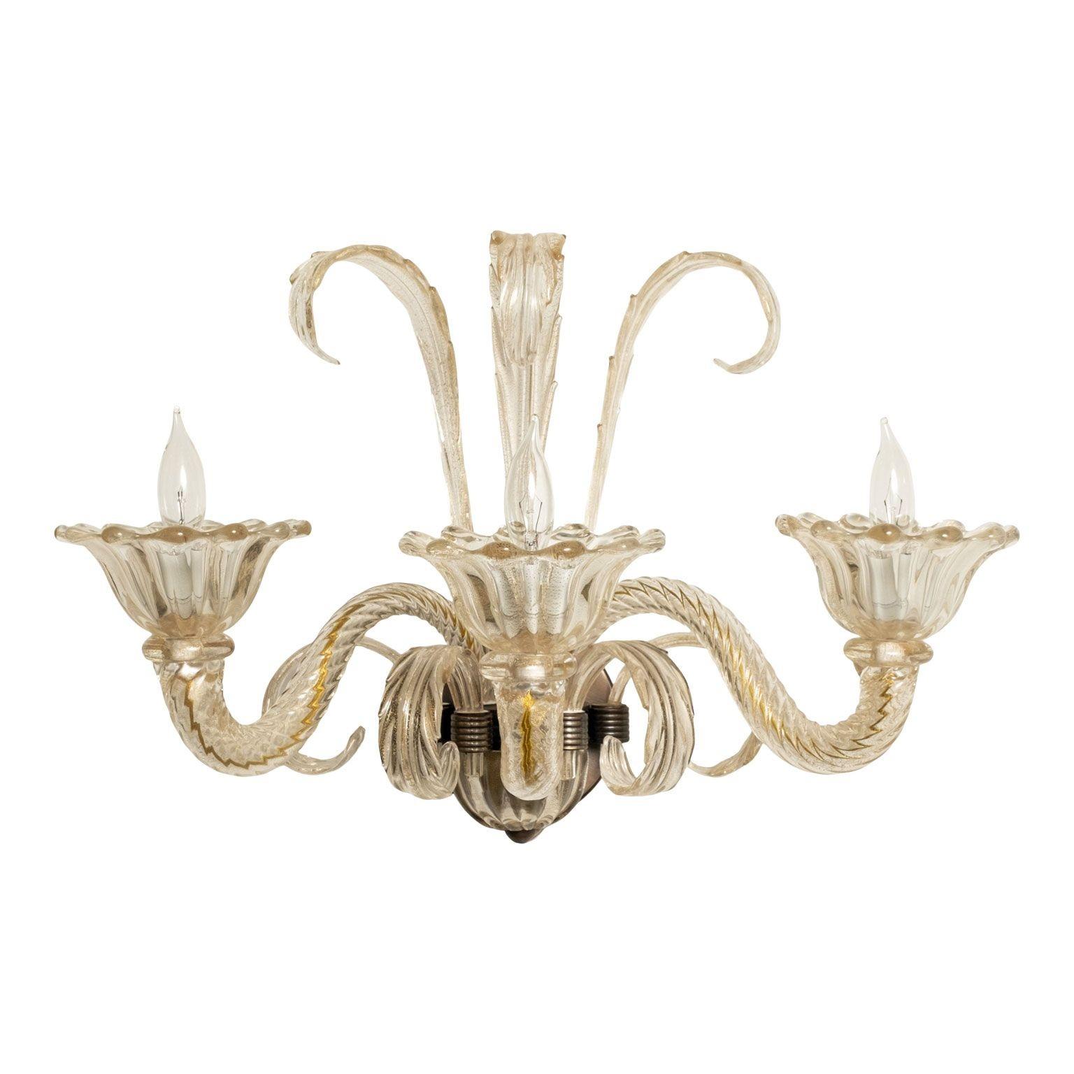 Metal Pair of Vintage Hand-Blown Three-Arm Murano Clear Sconces For Sale