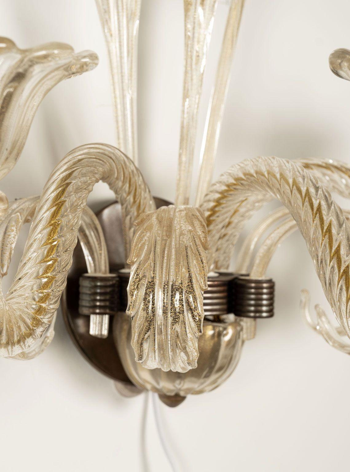 Pair of Vintage Hand-Blown Three-Arm Murano Clear Sconces For Sale 2