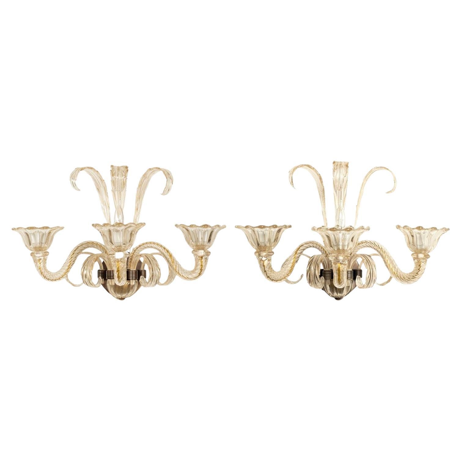 Pair of Vintage Hand-Blown Three-Arm Murano Clear Sconces For Sale