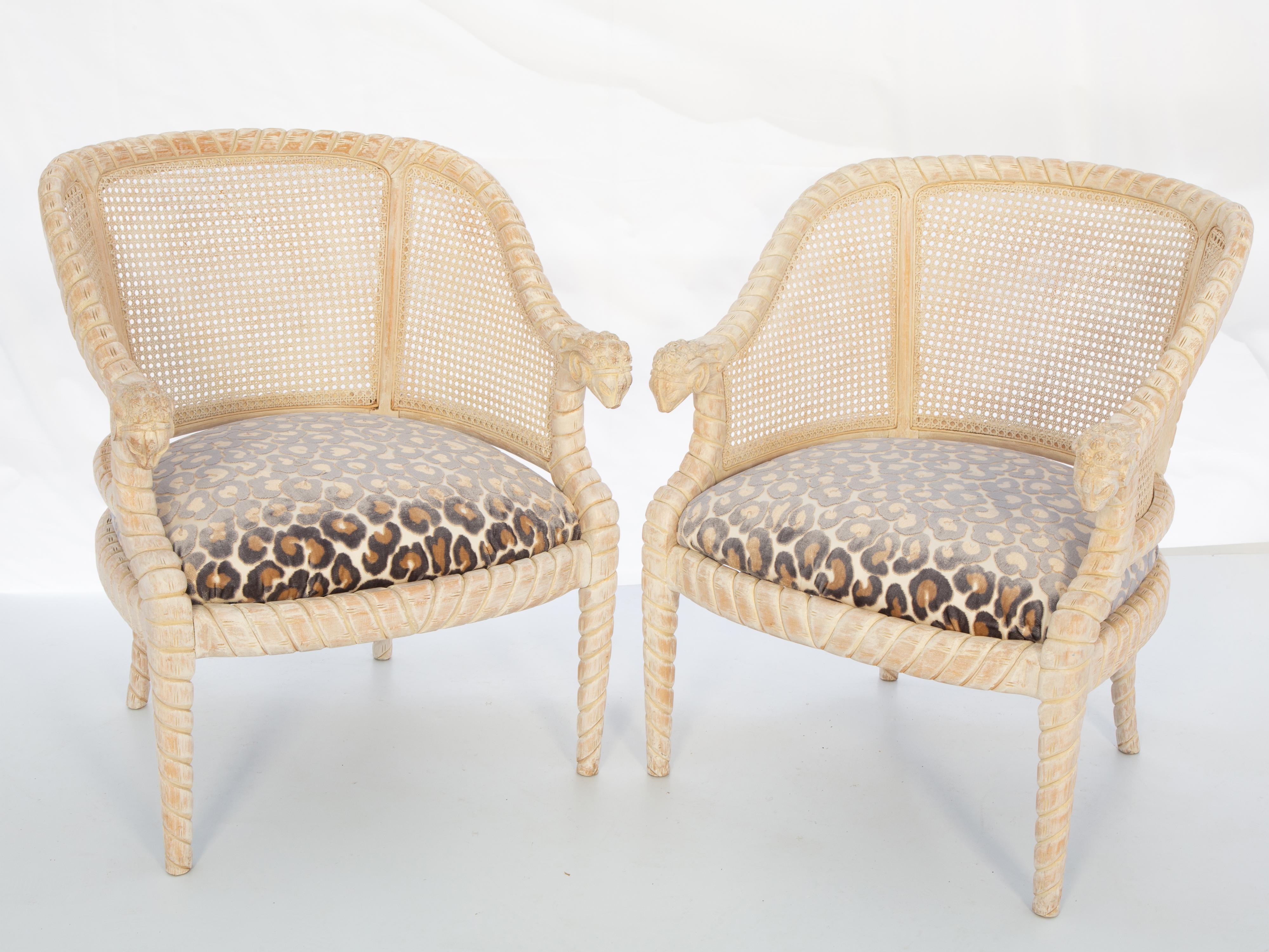 Pair of Vintage Hand-Carved and Caned Italian Barrel Chairs 2