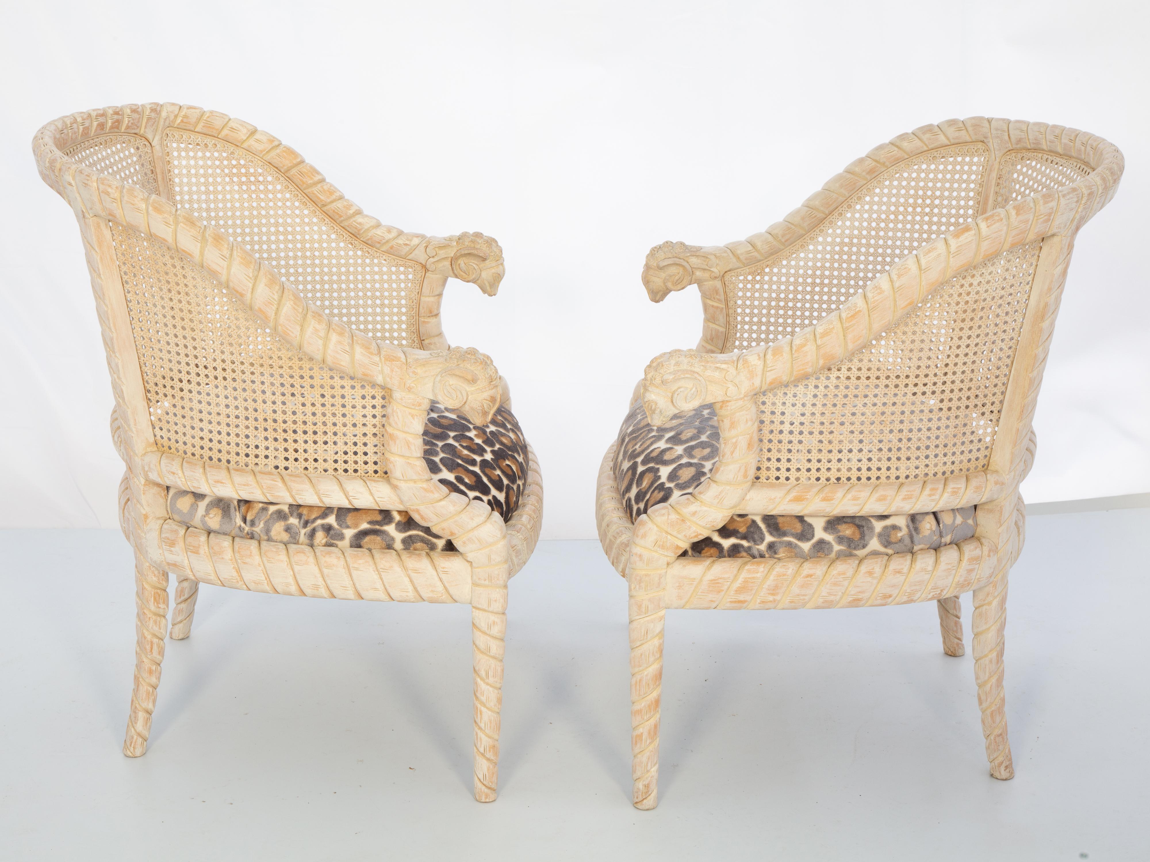 Pair of Vintage Hand-Carved and Caned Italian Barrel Chairs 3