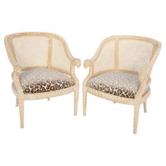 Pair of Vintage Hand-Carved and Caned Italian Barrel Chairs