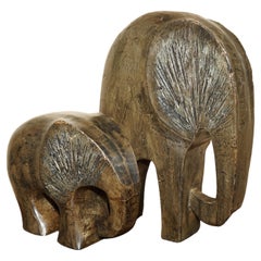 Pair of Vintage Hand Carved Elephant Statues in the Modernist Style and Form