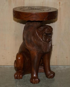 Pair of Vintage Hand Carved Male Lion Stools with Ornate Decoration All over