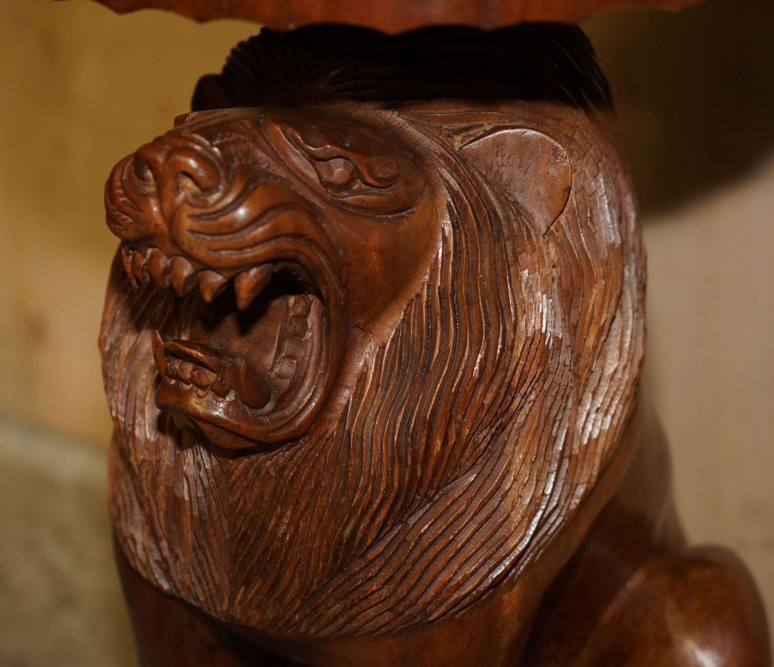 Wood Pair of Vintage Hand Carved Male Lion Stools with Ornate Decoration All over For Sale