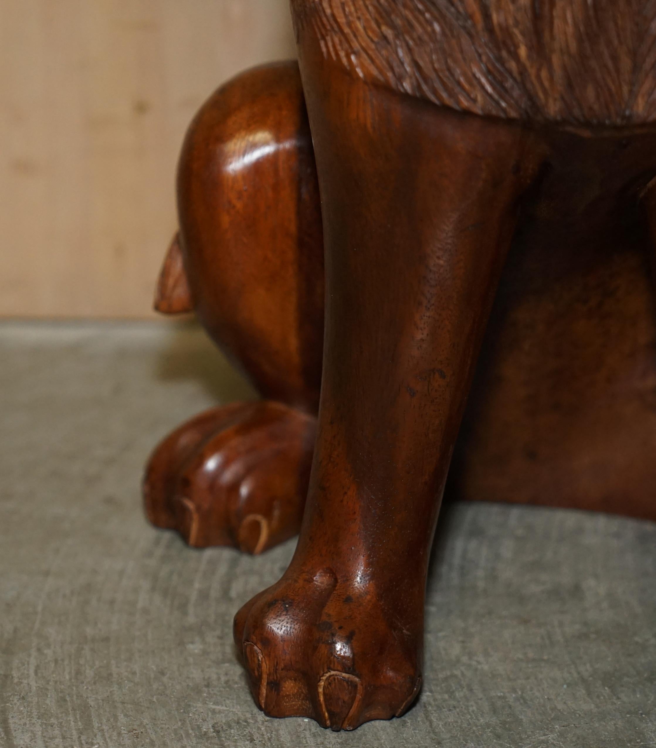 Pair of Vintage Hand Carved Male Lion Stools with Ornate Decoration All over For Sale 3