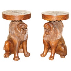 Pair of Vintage Hand Carved Male Lion Stools with Ornate Decoration All over