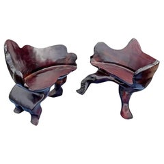 Pair of Vintage Hand Carved Raw Wood Chairs Seating