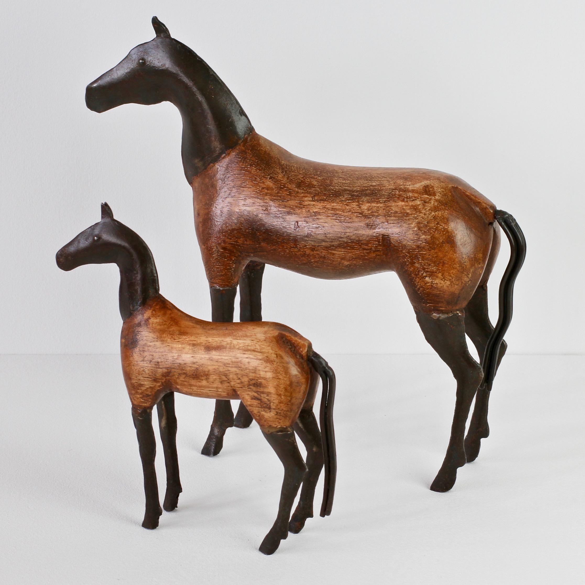 Pair of Vintage Hand-Carved Wooden and Metal Horse Sculptures, circa 1980s 3