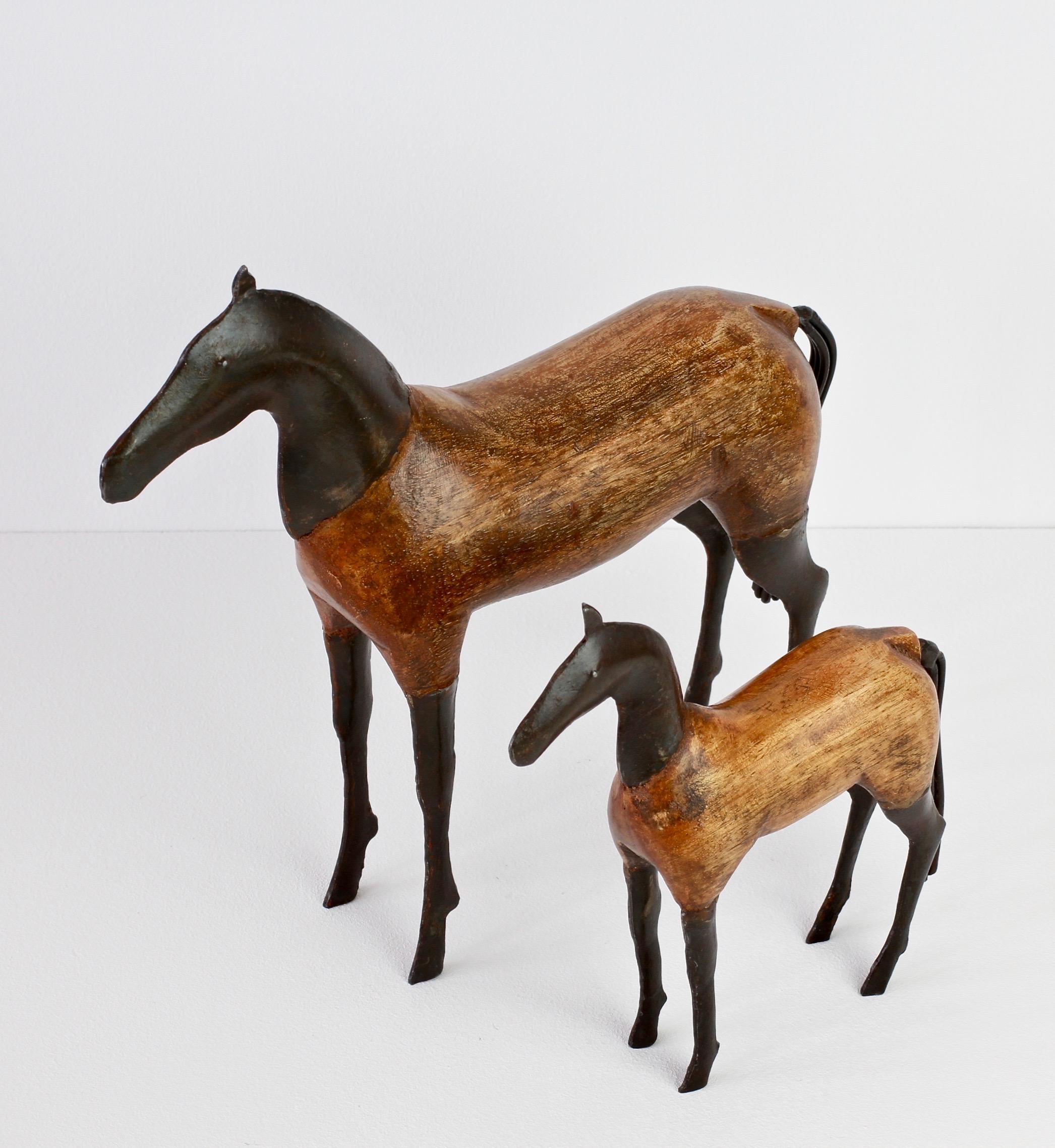 Pair of Vintage Hand-Carved Wooden and Metal Horse Sculptures, circa 1980s 5