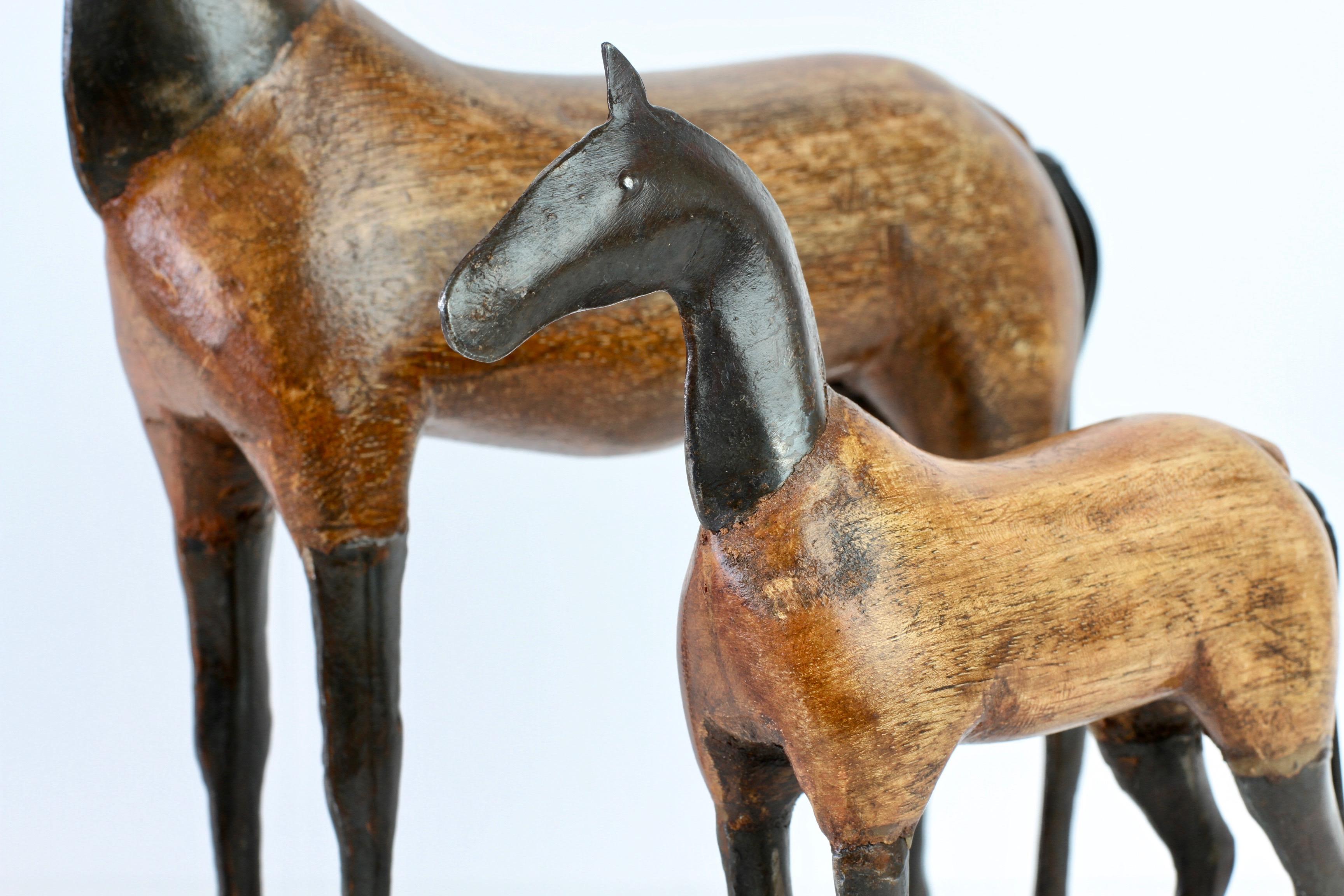 Pair of Vintage Hand-Carved Wooden and Metal Horse Sculptures, circa 1980s 6