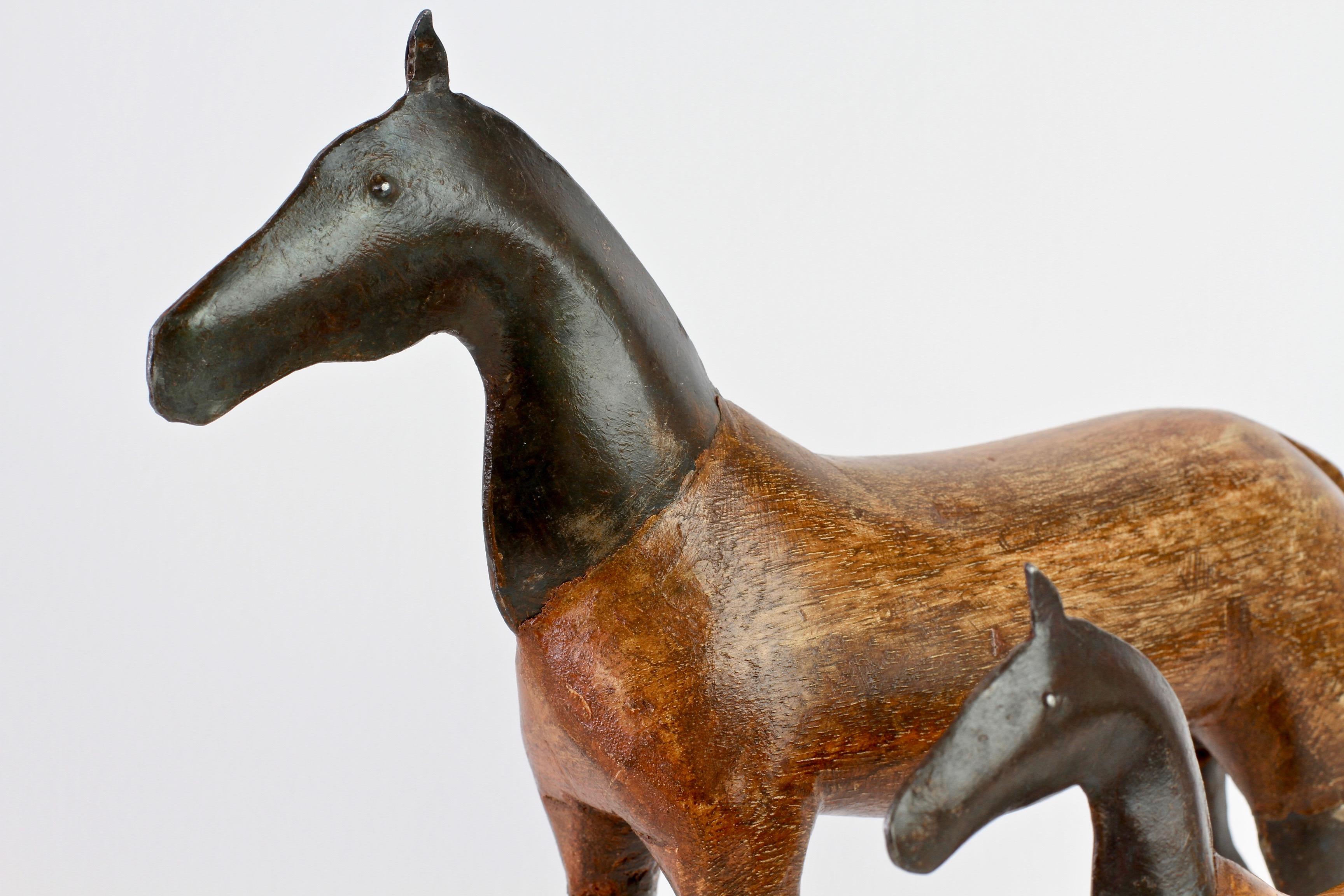 Pair of Vintage Hand-Carved Wooden and Metal Horse Sculptures, circa 1980s 7