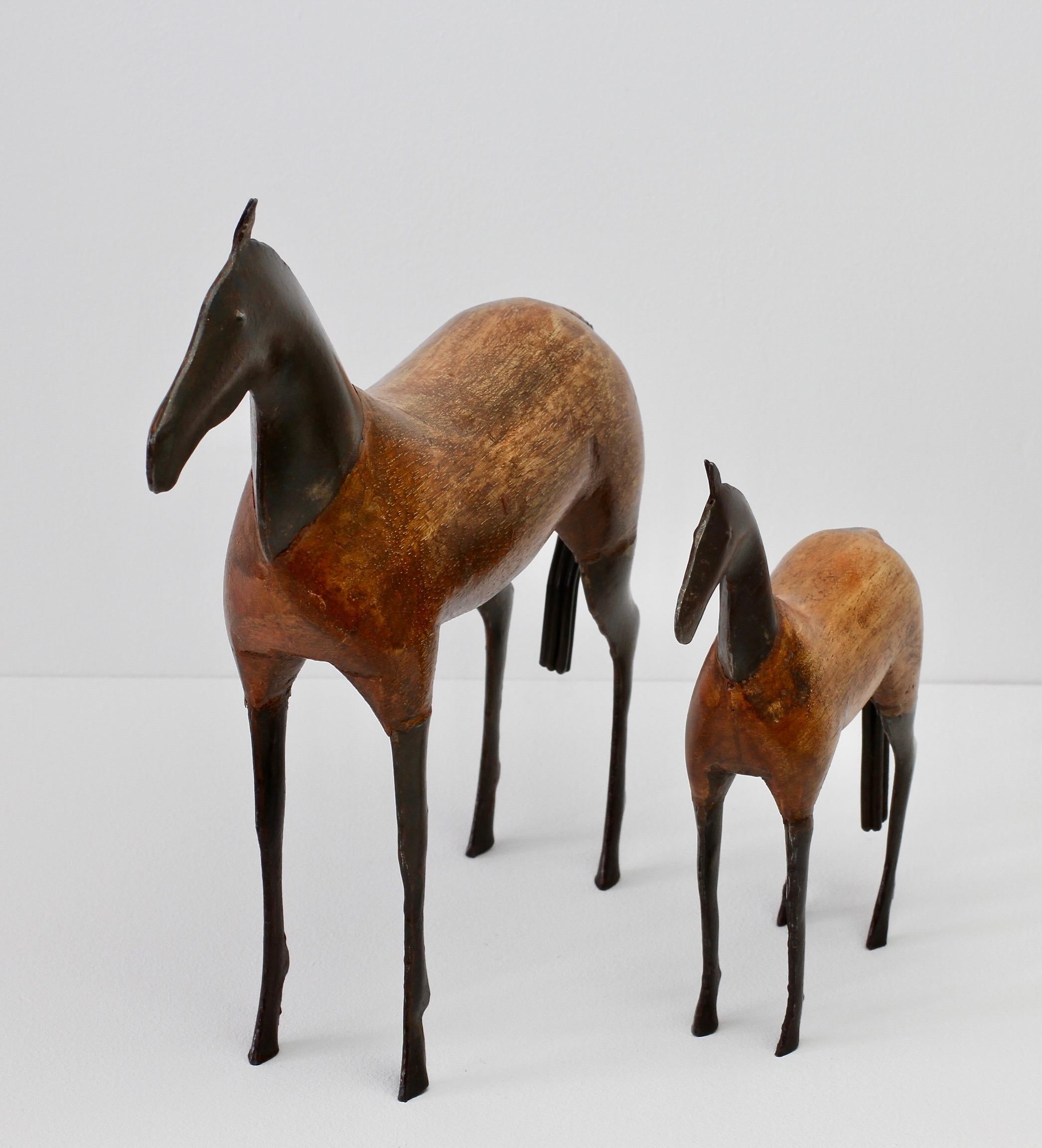 Scandinavian Modern Pair of Vintage Hand-Carved Wooden and Metal Horse Sculptures, circa 1980s