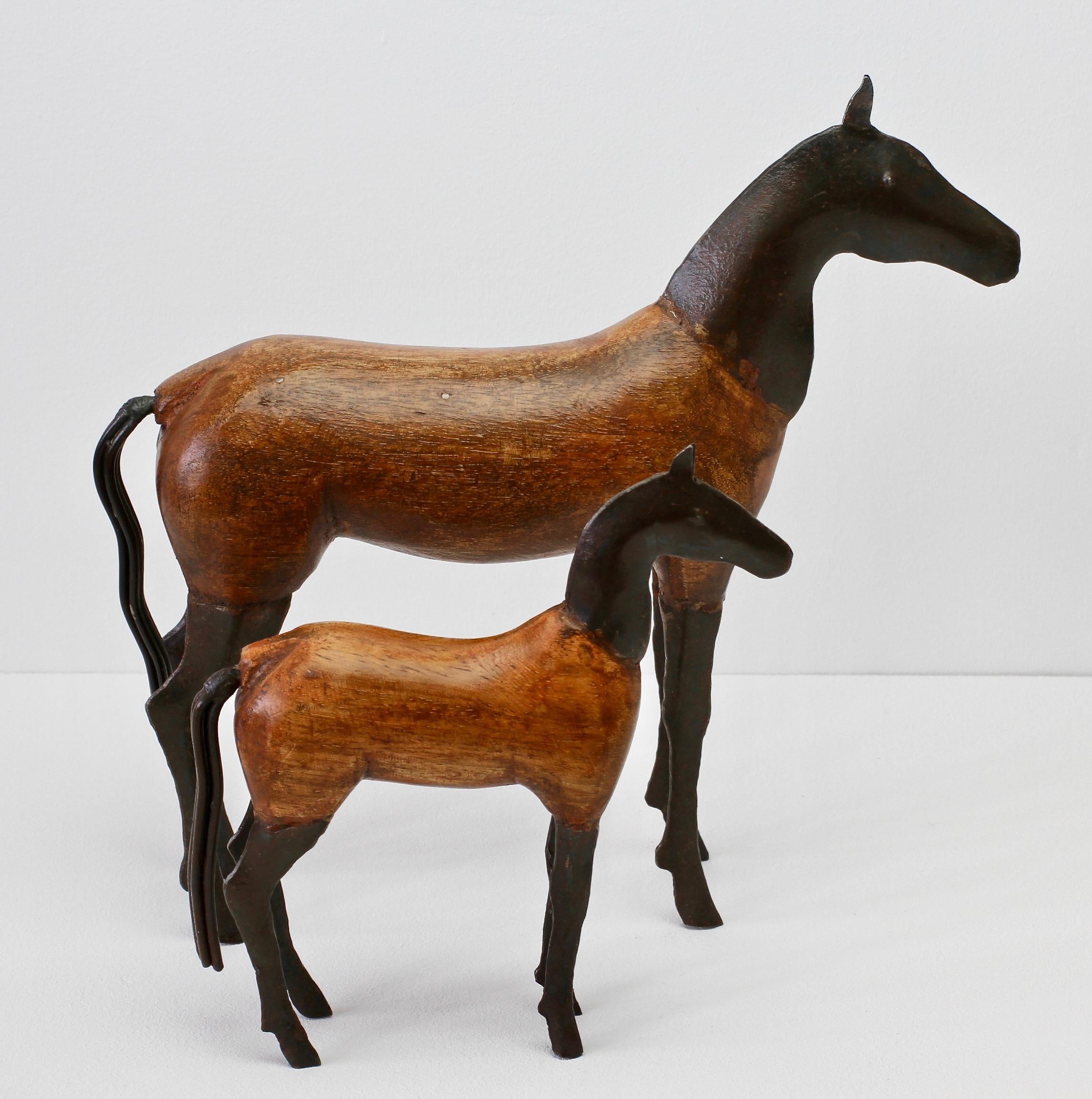 Late 20th Century Pair of Vintage Hand-Carved Wooden and Metal Horse Sculptures, circa 1980s