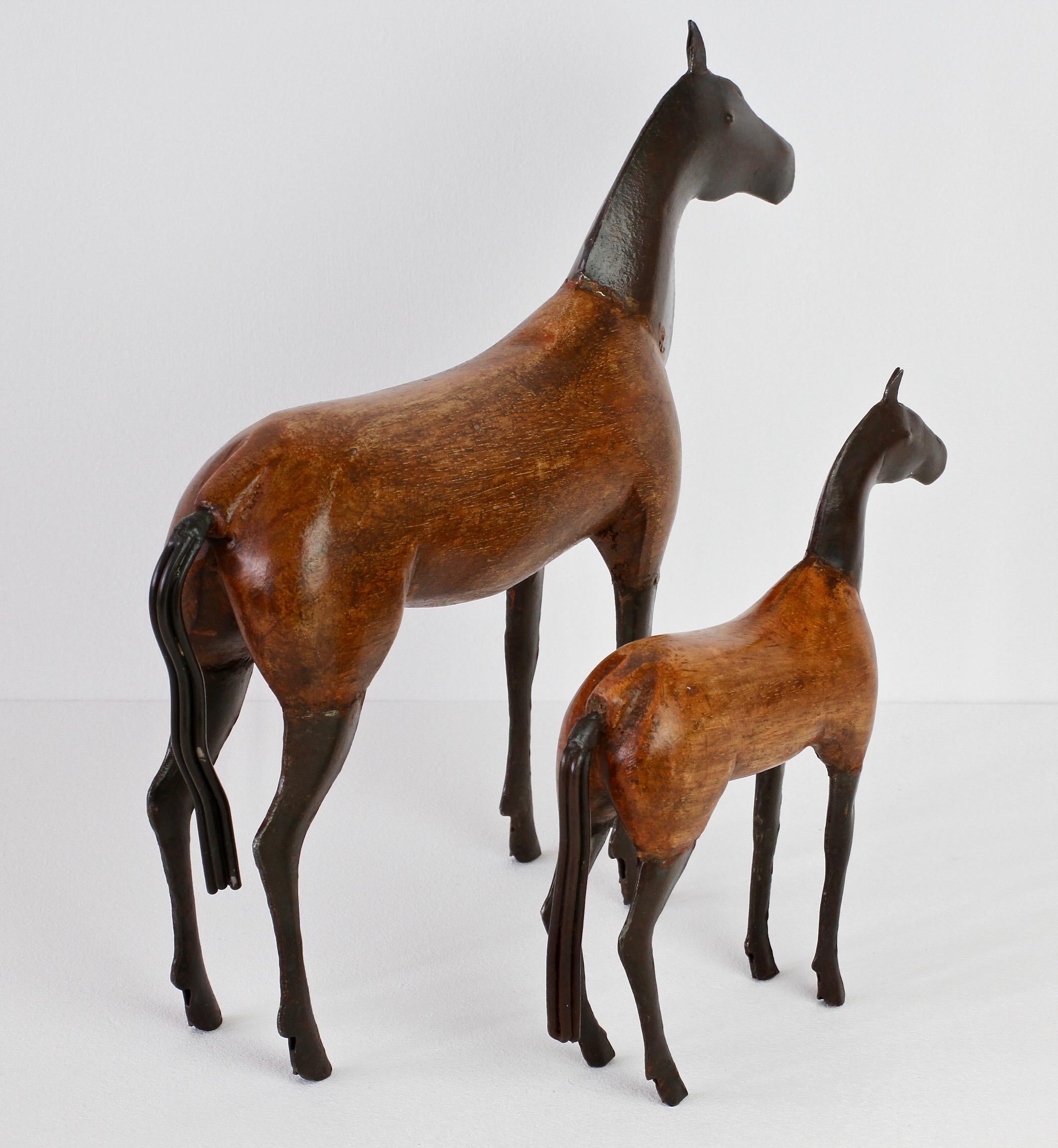 Pair of Vintage Hand-Carved Wooden and Metal Horse Sculptures, circa 1980s 1