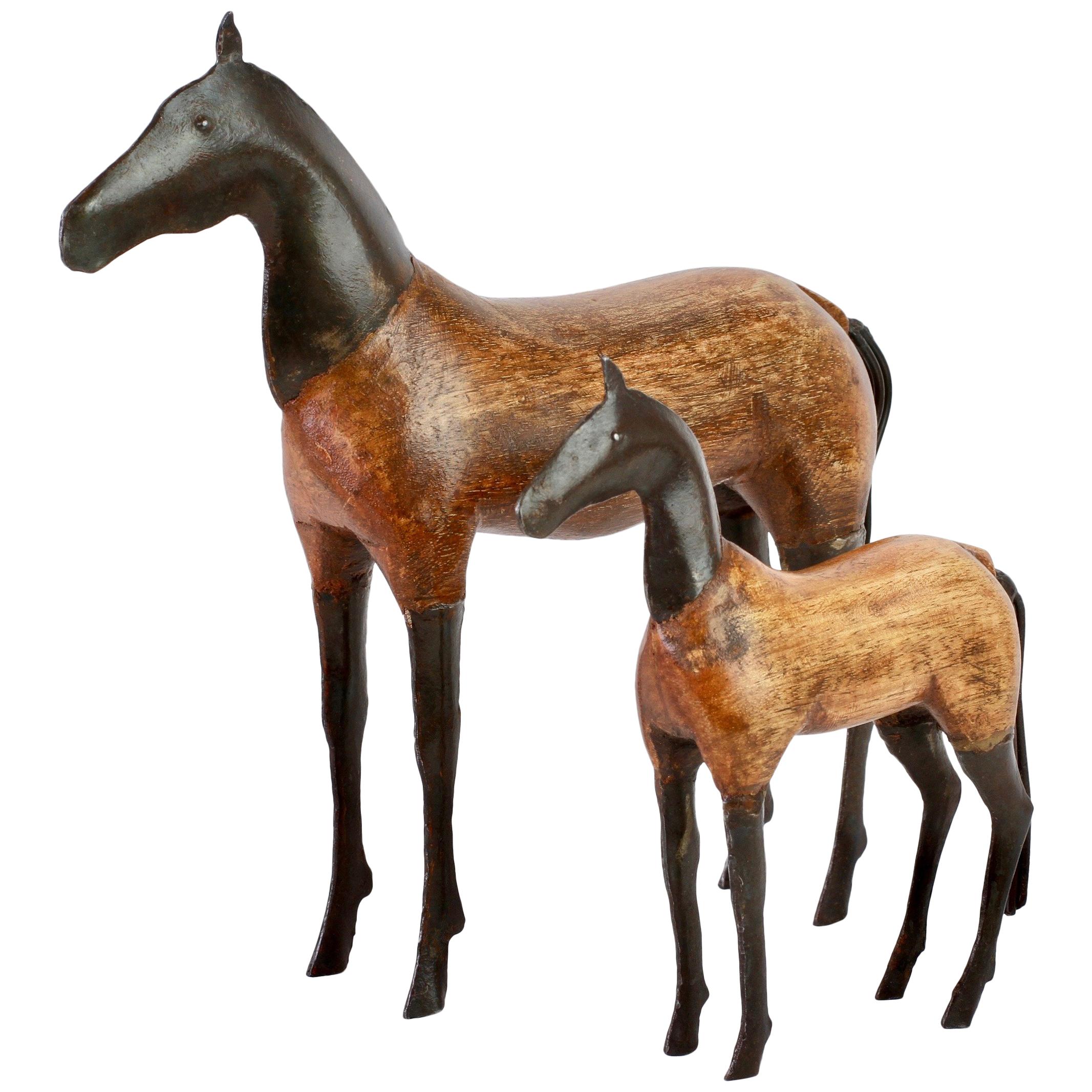 Pair of Vintage Hand-Carved Wooden and Metal Horse Sculptures, circa 1980s