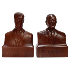 Pair of Vintage Hand Carved Wooden Folk Art Presidential Bookends of JFK & LBJ