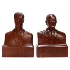 Pair of Vintage Hand Carved Wooden Folk Art Presidential Bookends of JFK & LBJ