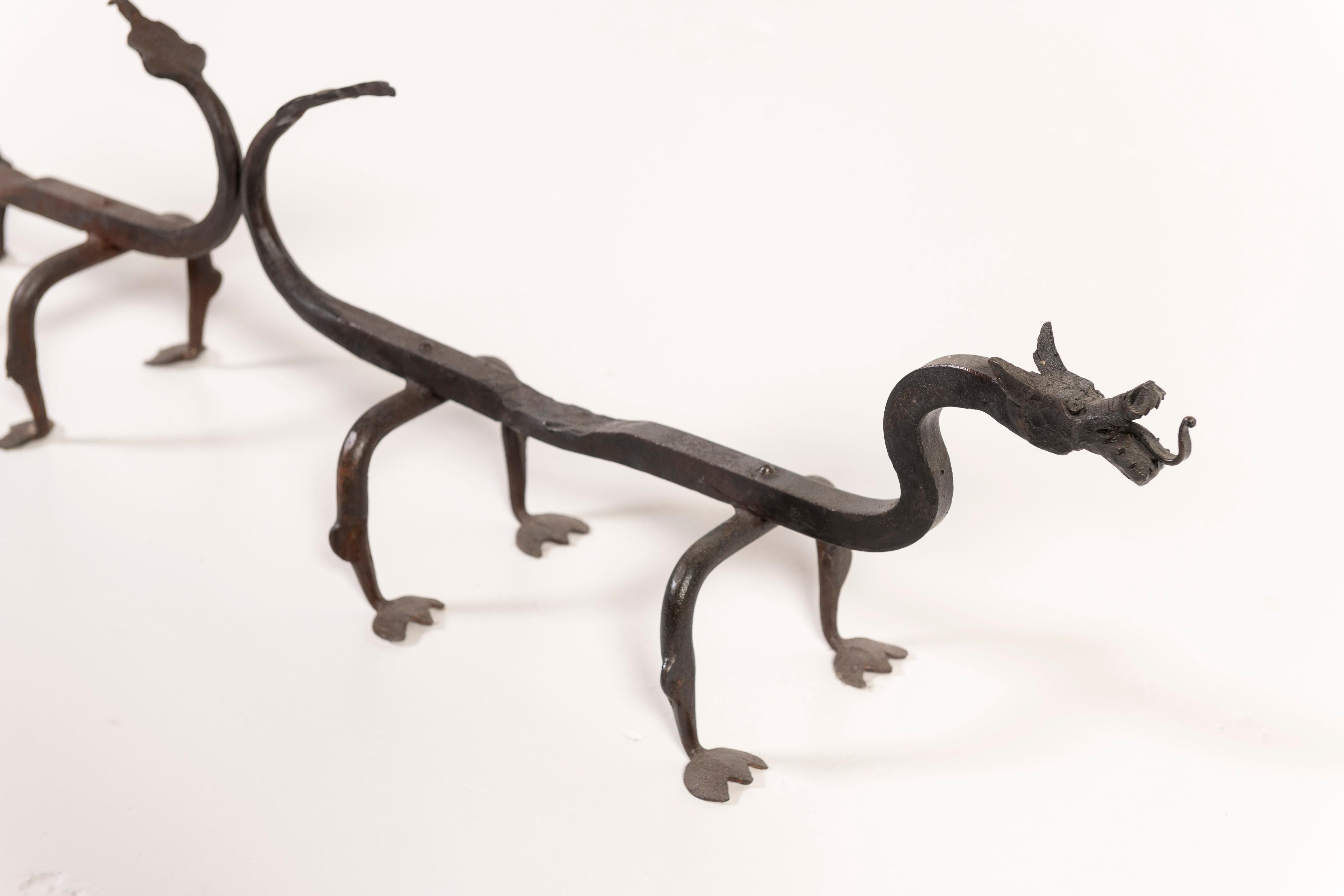 Gothic Revival Pair of Vintage Hand Forged Wrought Iron Dragon Andirons from France For Sale
