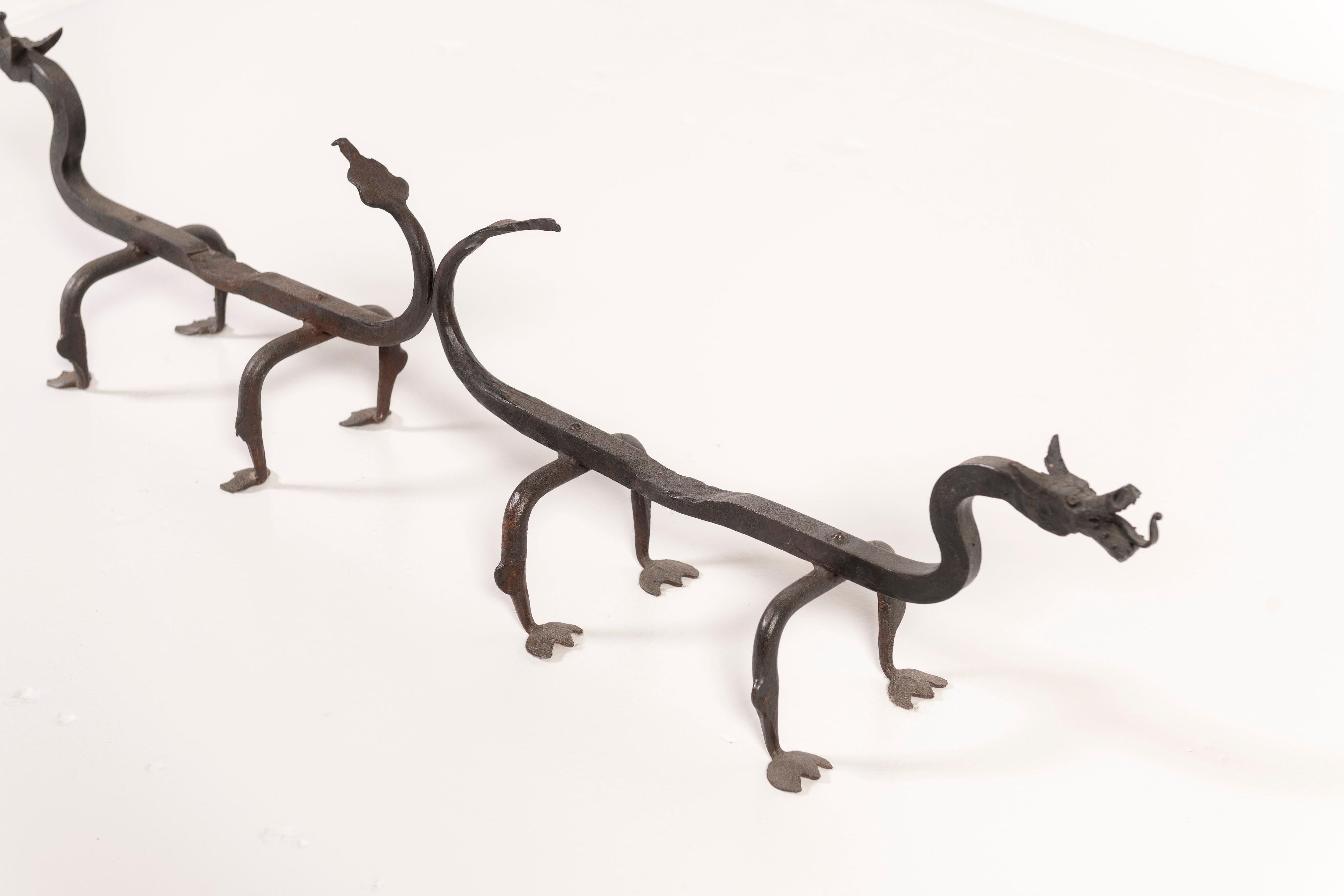French Pair of Vintage Hand Forged Wrought Iron Dragon Andirons from France For Sale