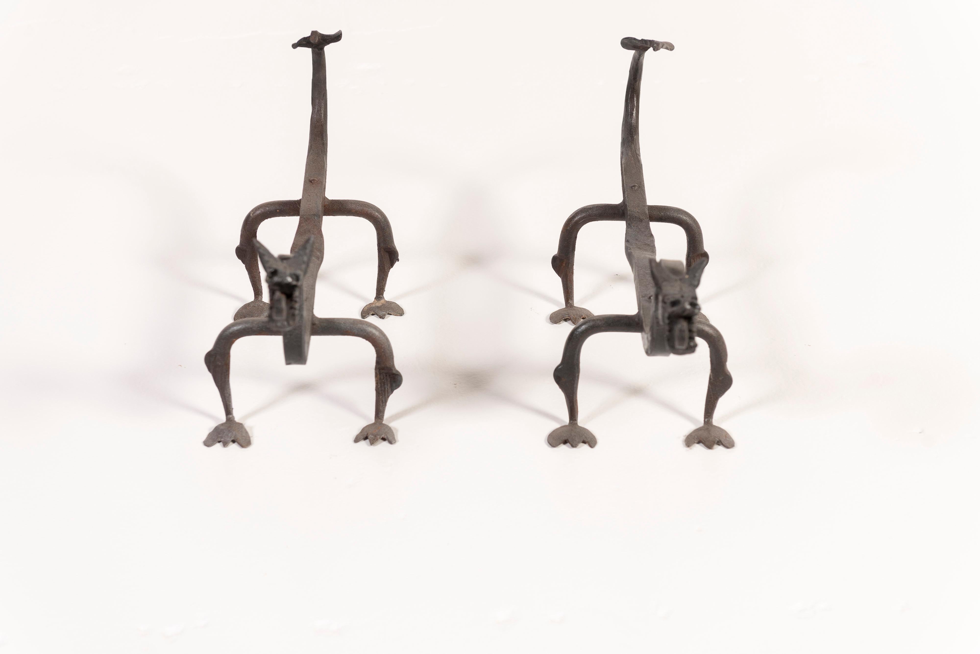 Pair of Vintage Hand Forged Wrought Iron Dragon Andirons from France In Good Condition For Sale In San Francisco, CA
