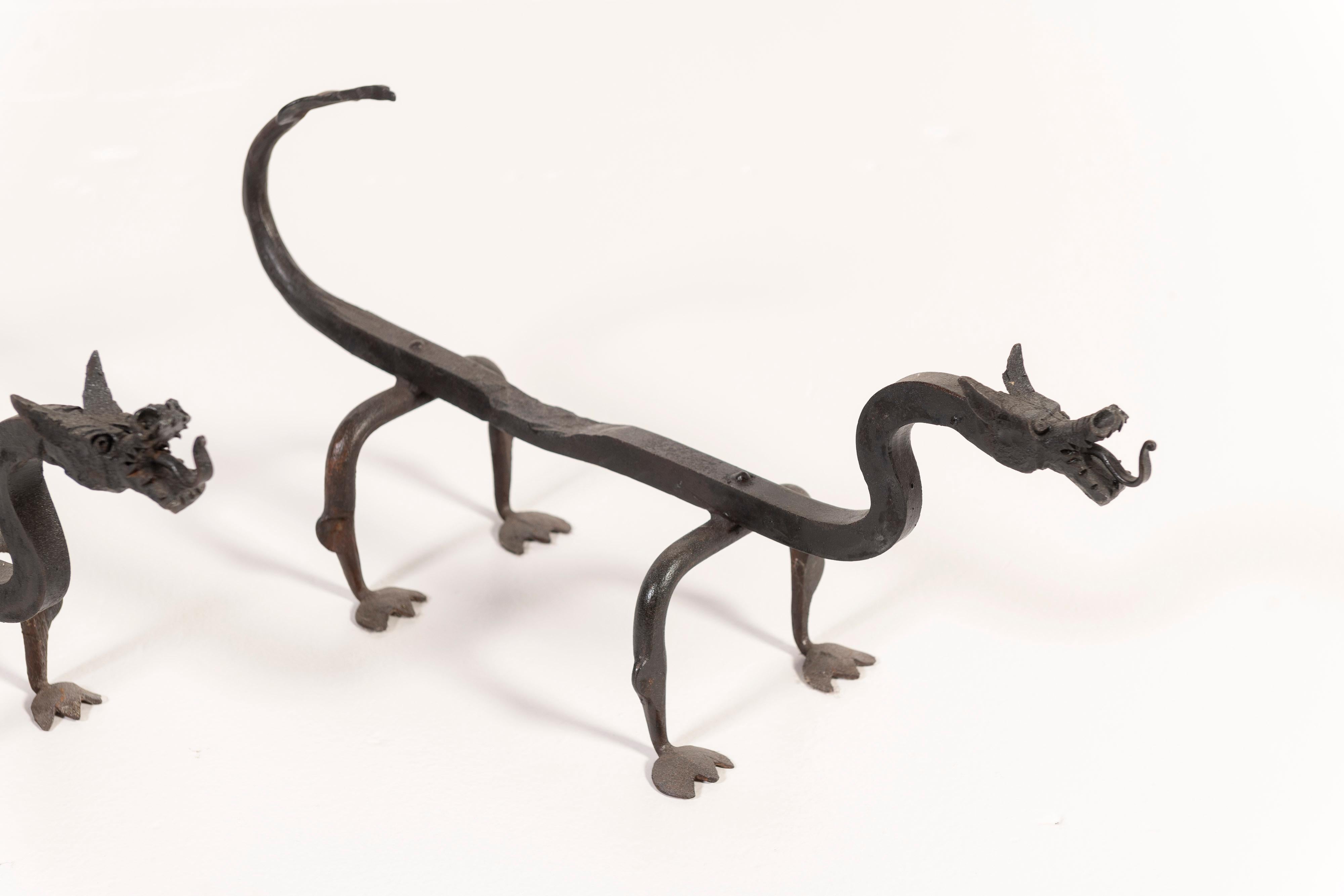 20th Century Pair of Vintage Hand Forged Wrought Iron Dragon Andirons from France For Sale