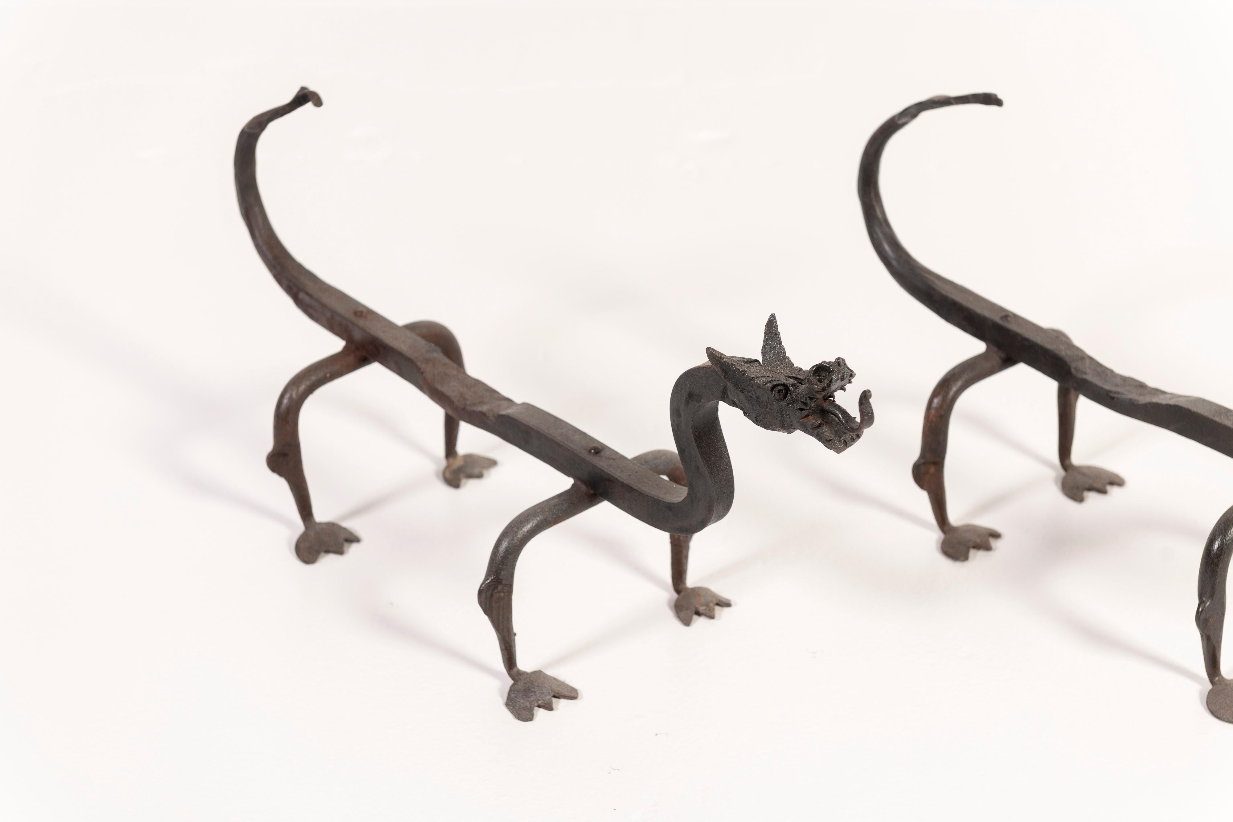 Pair of Vintage Hand Forged Wrought Iron Dragon Andirons from France For Sale 1