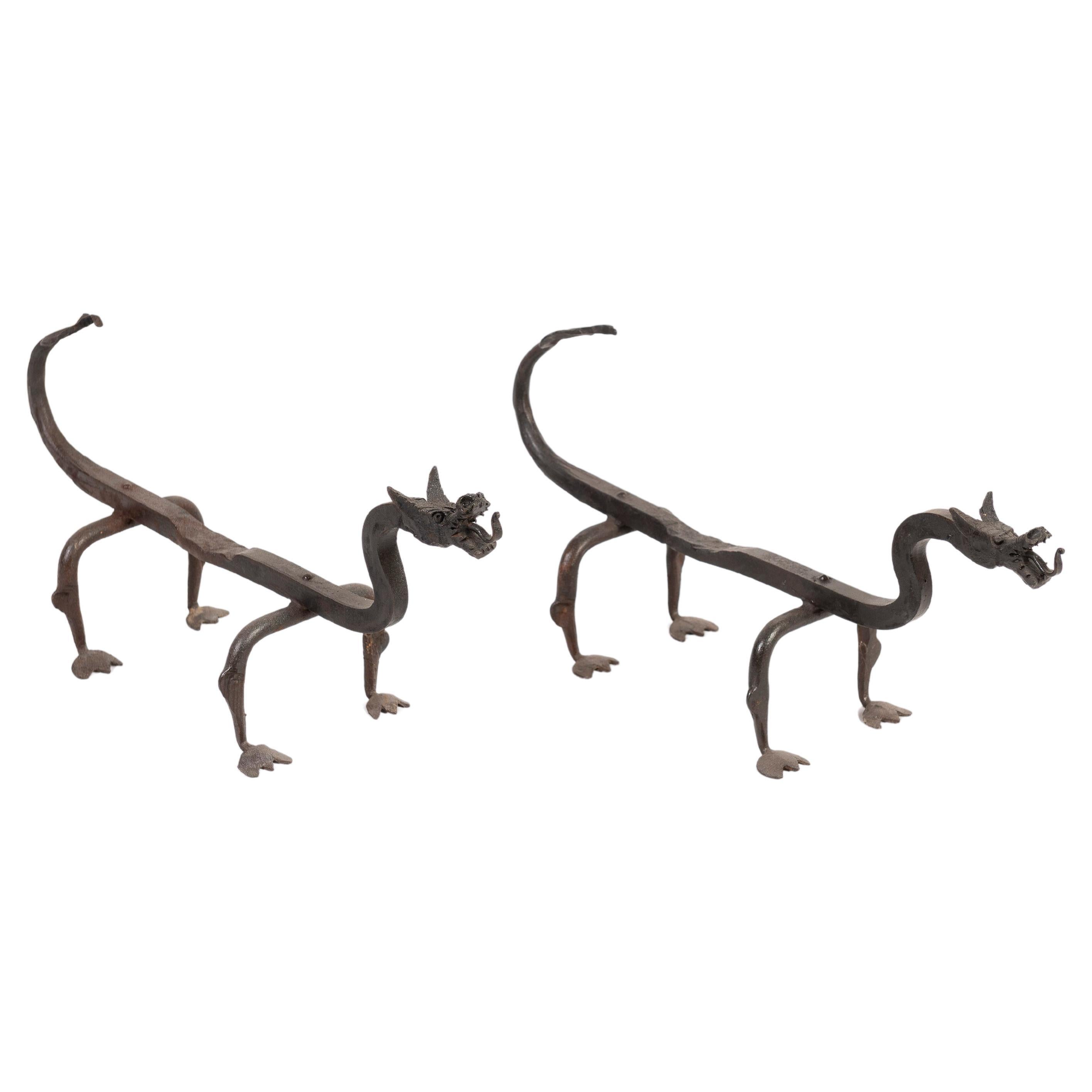 Pair of Vintage Hand Forged Wrought Iron Dragon Andirons from France For Sale
