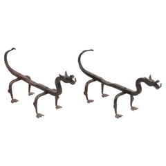Pair of Vintage Hand Forged Wrought Iron Dragon Andirons from France