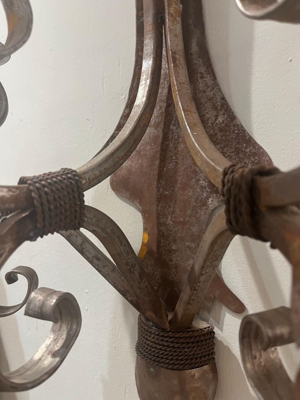 Pair of Vintage Hand-Made Wrought Iron Sconces For Sale 2
