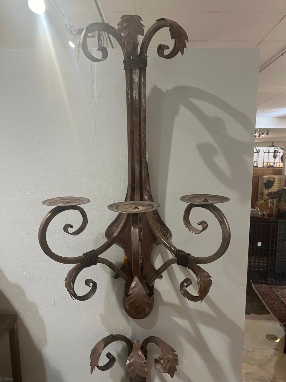 Pair of Vintage Hand-Made Wrought Iron Sconces In Good Condition For Sale In Houston, TX