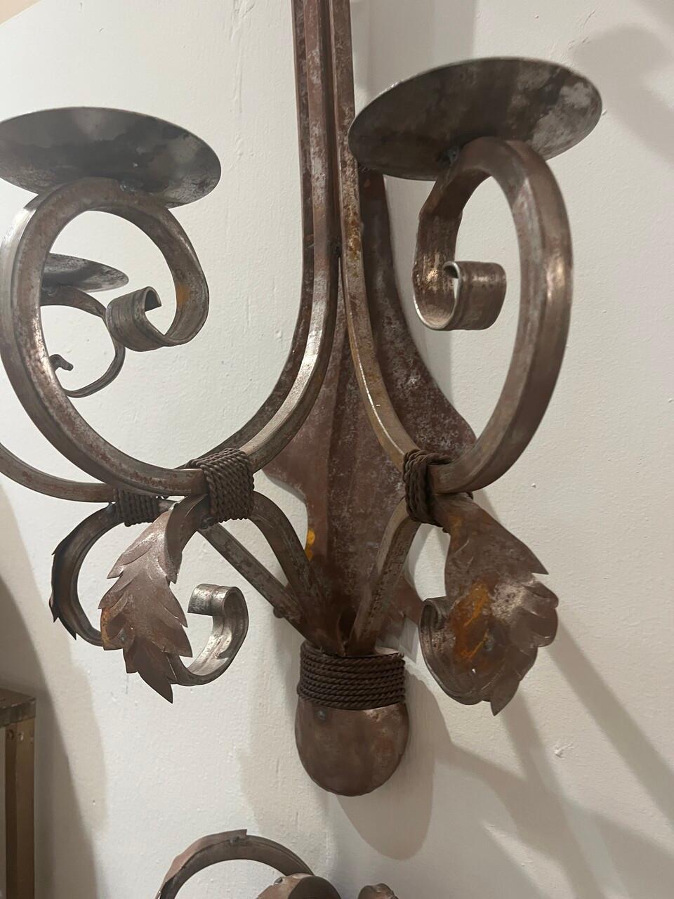 Steel Pair of Vintage Hand-Made Wrought Iron Sconces For Sale