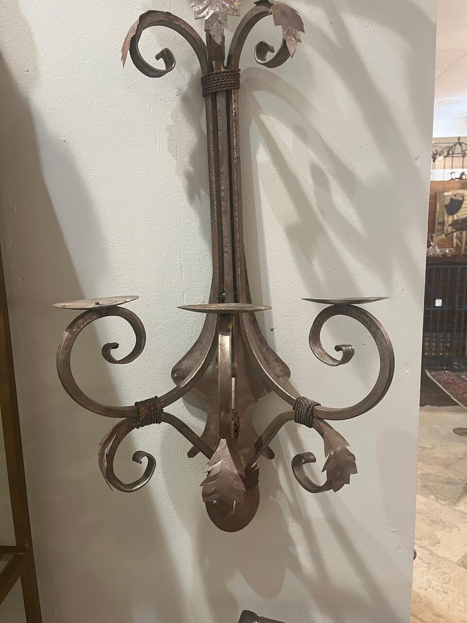 Pair of Vintage Hand-Made Wrought Iron Sconces For Sale 1
