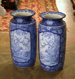 Pair of Vintage Hand Painted Blue and White Porcelain Vases Umbrella Stands