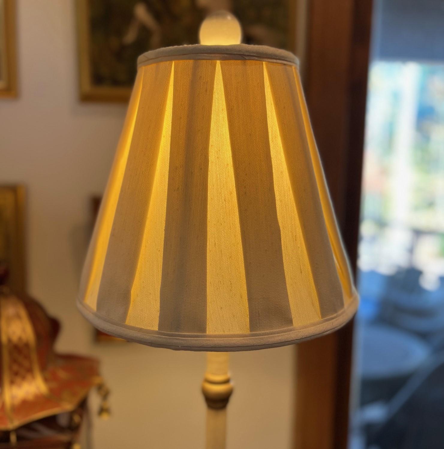 Pair of Vintage Hand Painted Candlestick Table Lamps with Ivory Raw Silk Shades 2