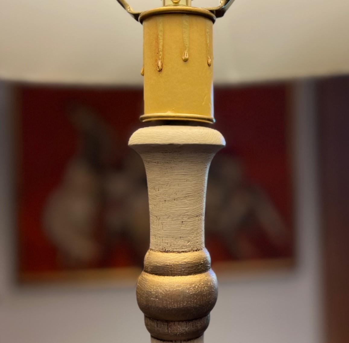 Pair of Vintage Hand Painted Candlestick Table Lamps with Ivory Raw Silk Shades 3