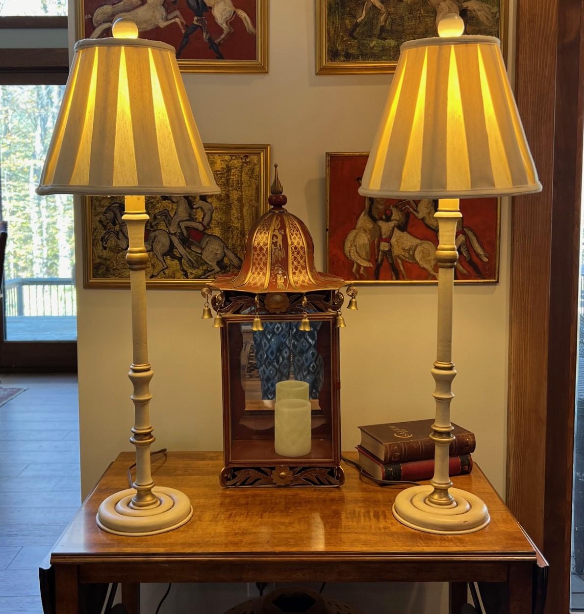 Pair of Vintage Hand Painted Candlestick Table Lamps with Ivory Raw Silk Shades 5