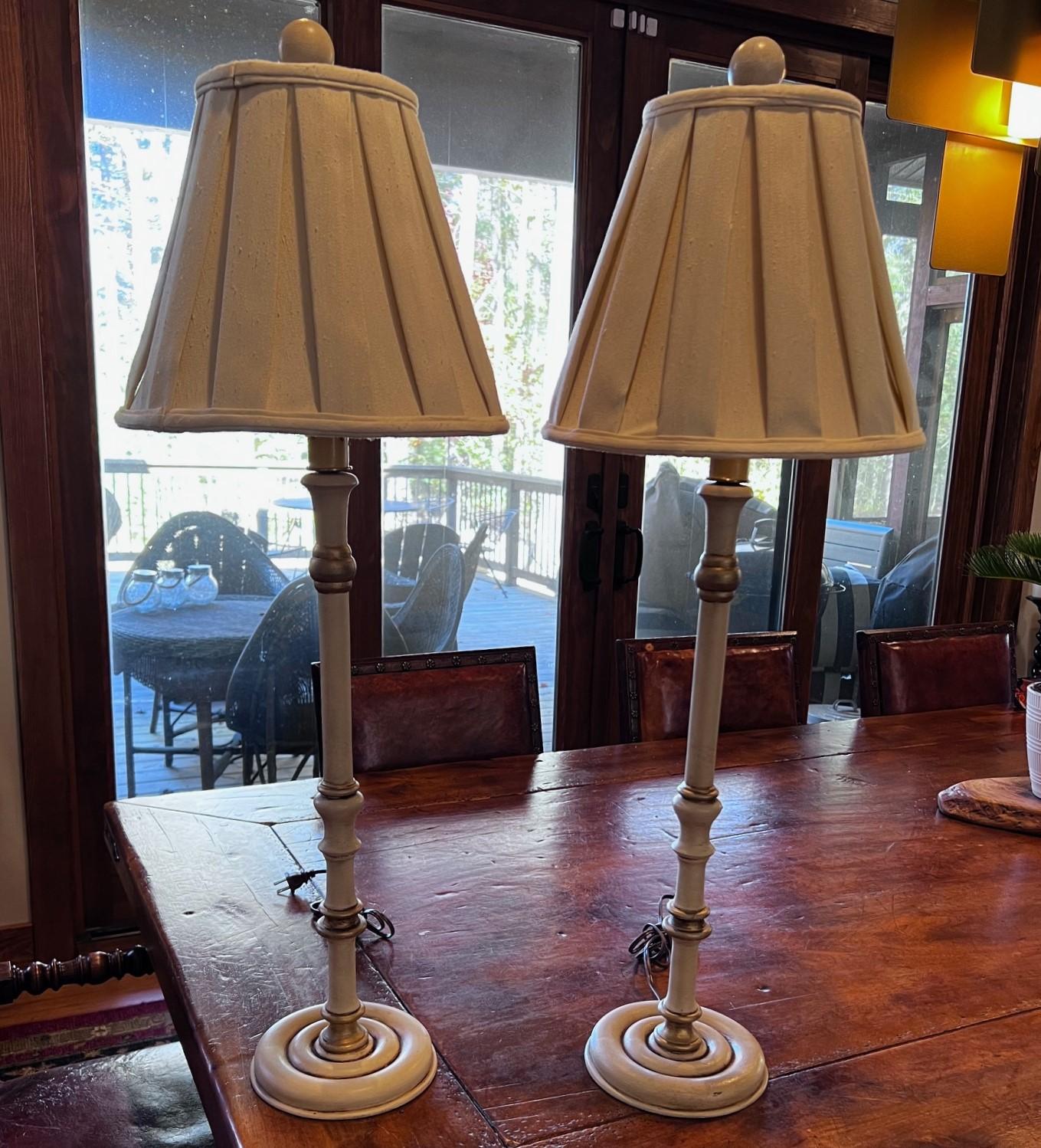 Pair of Vintage Hand Painted Candlestick Table Lamps with Ivory Raw Silk Shades 6