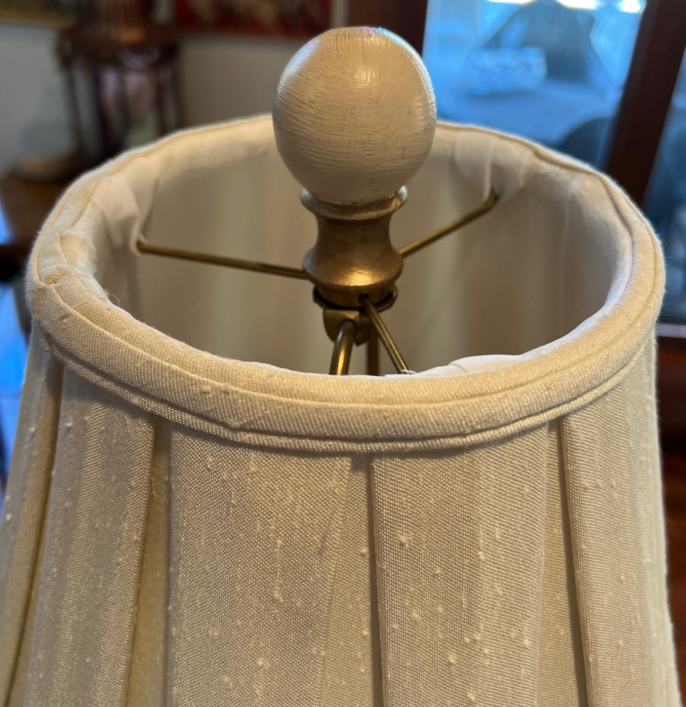 American Pair of Vintage Hand Painted Candlestick Table Lamps with Ivory Raw Silk Shades