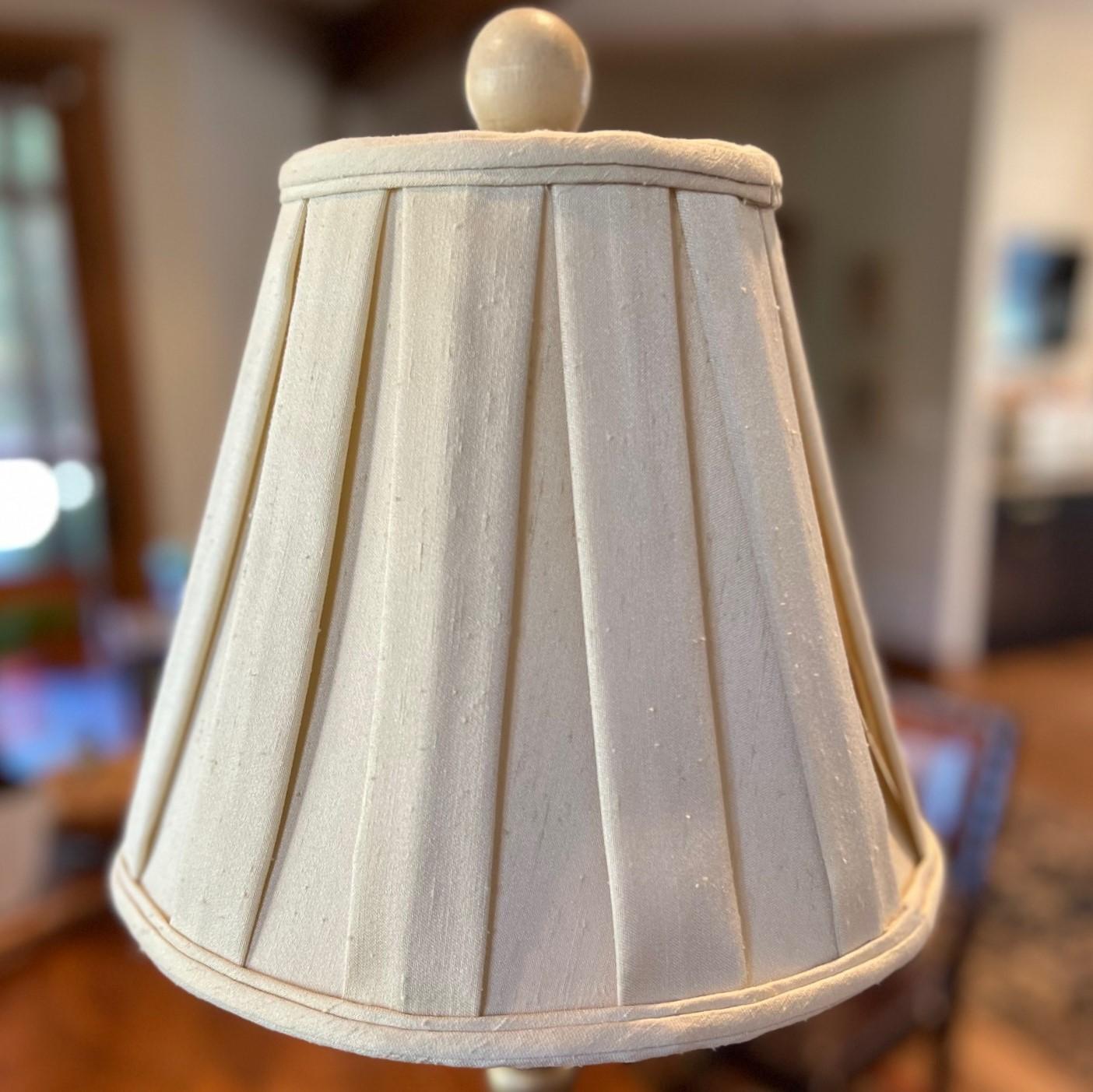Turned Pair of Vintage Hand Painted Candlestick Table Lamps with Ivory Raw Silk Shades