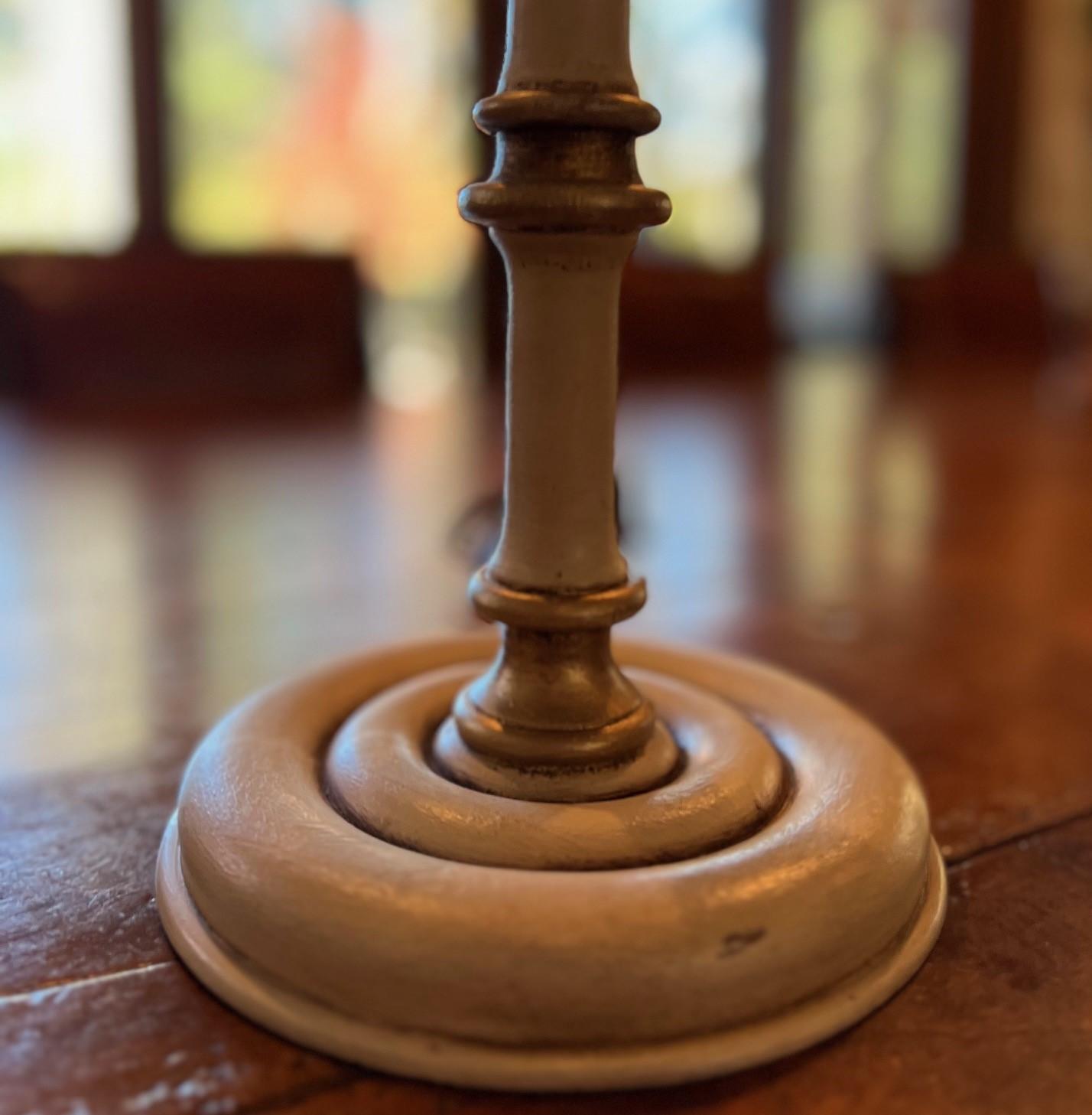 Brass Pair of Vintage Hand Painted Candlestick Table Lamps with Ivory Raw Silk Shades