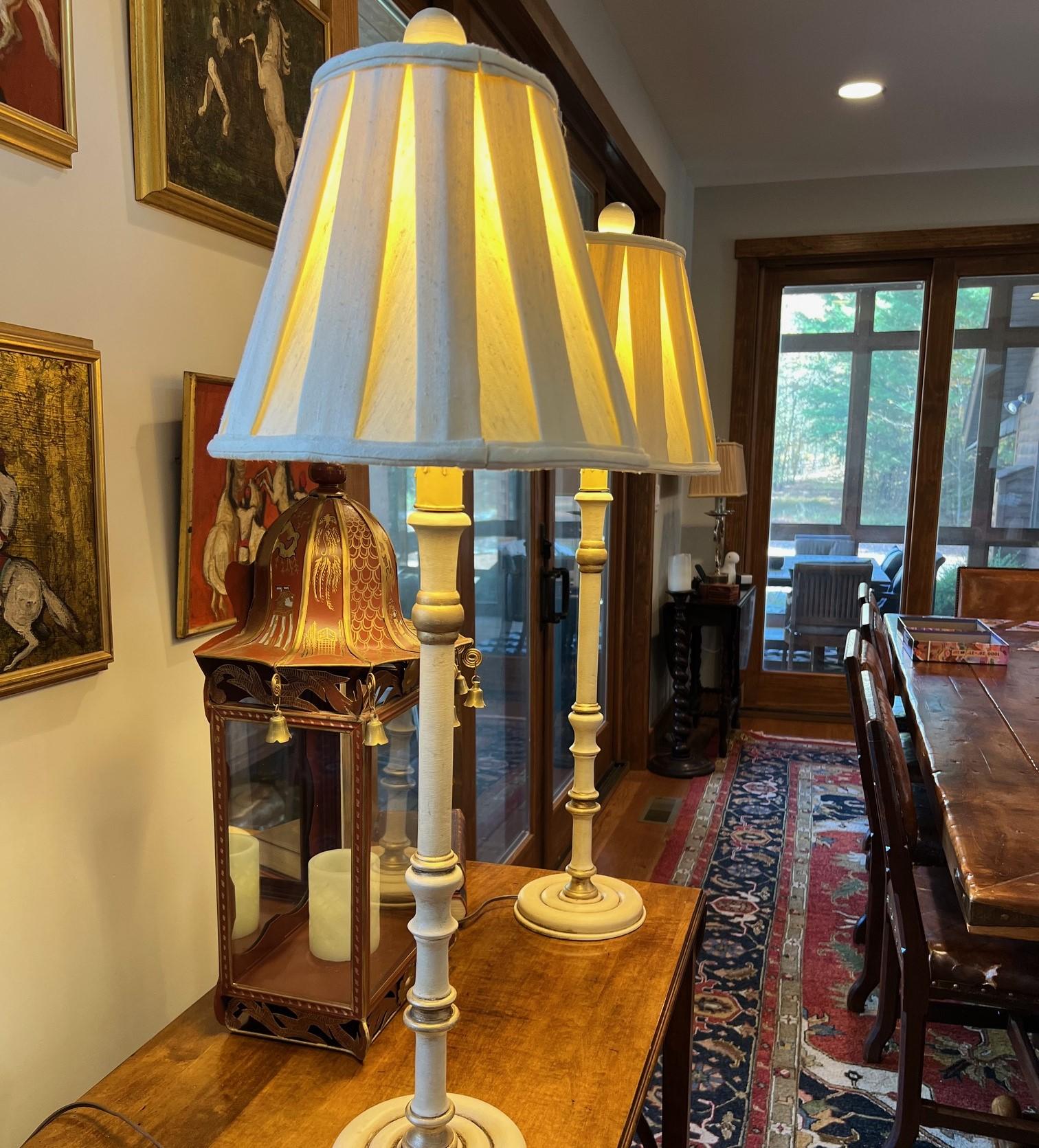 Pair of Vintage Hand Painted Candlestick Table Lamps with Ivory Raw Silk Shades 1