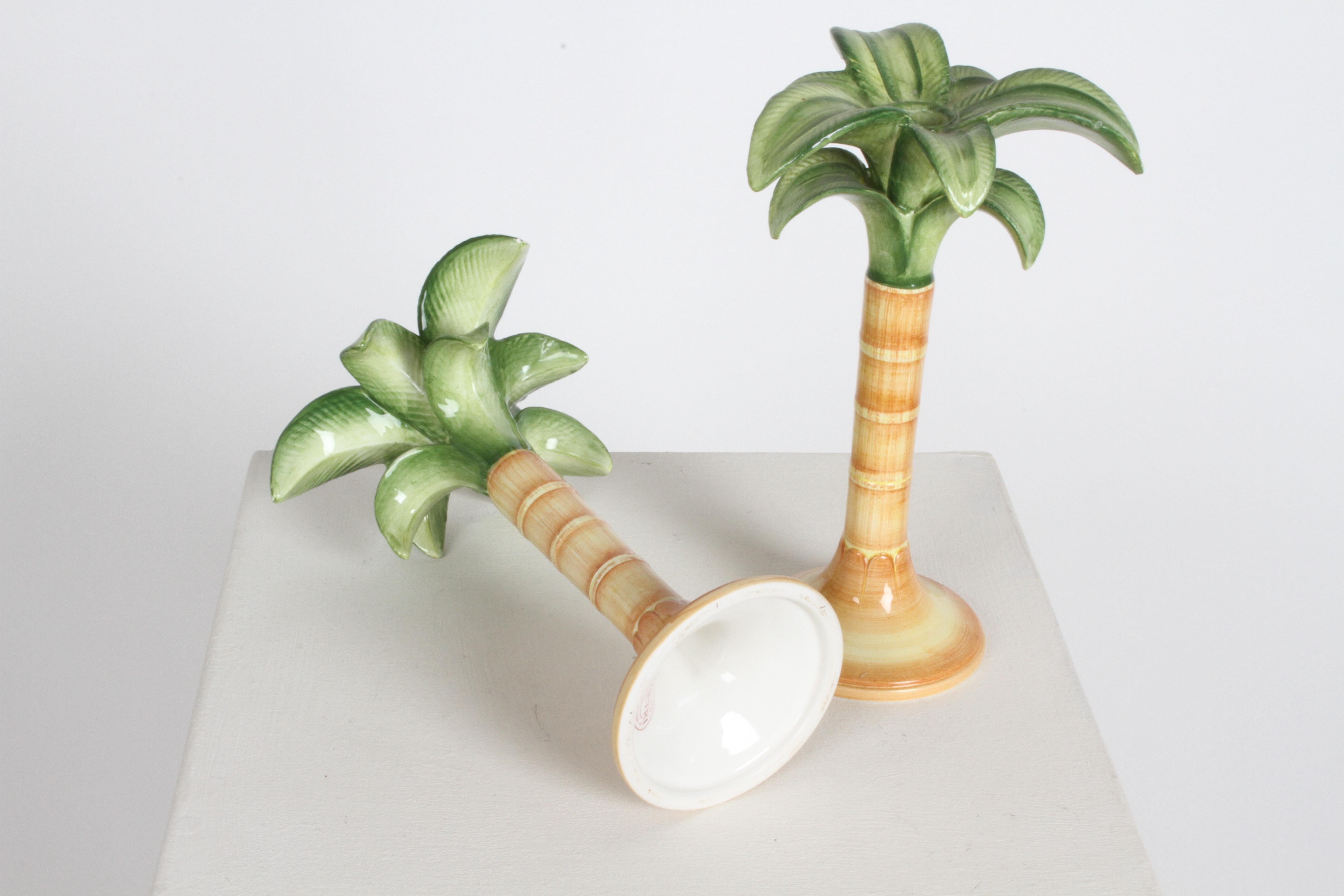 Pair of Vintage Hand Painted Ceramic Palm Tree Candlesticks by Vietri, Italy 2