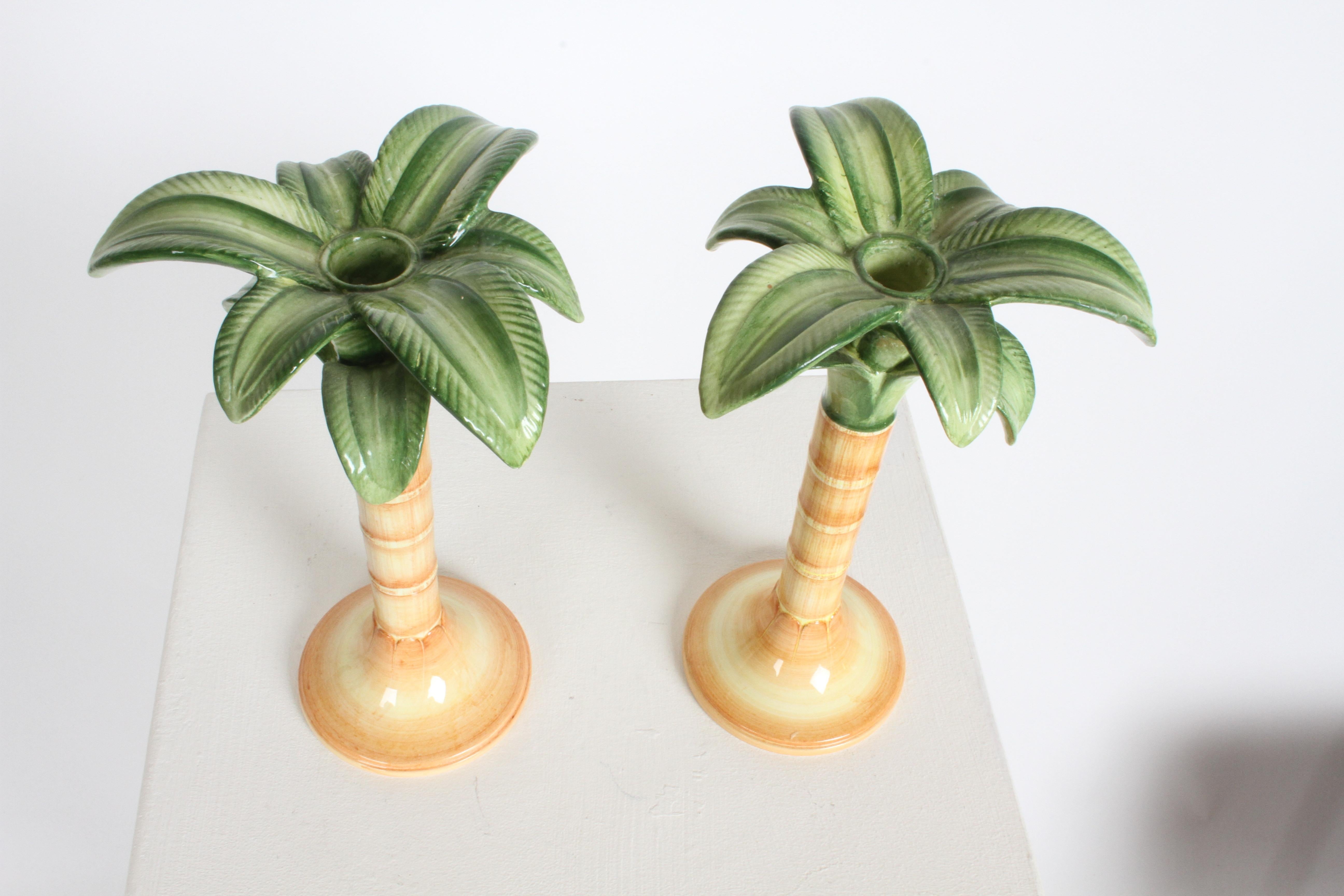 Pair of Vintage Hand Painted Ceramic Palm Tree Candlesticks by Vietri, Italy 3