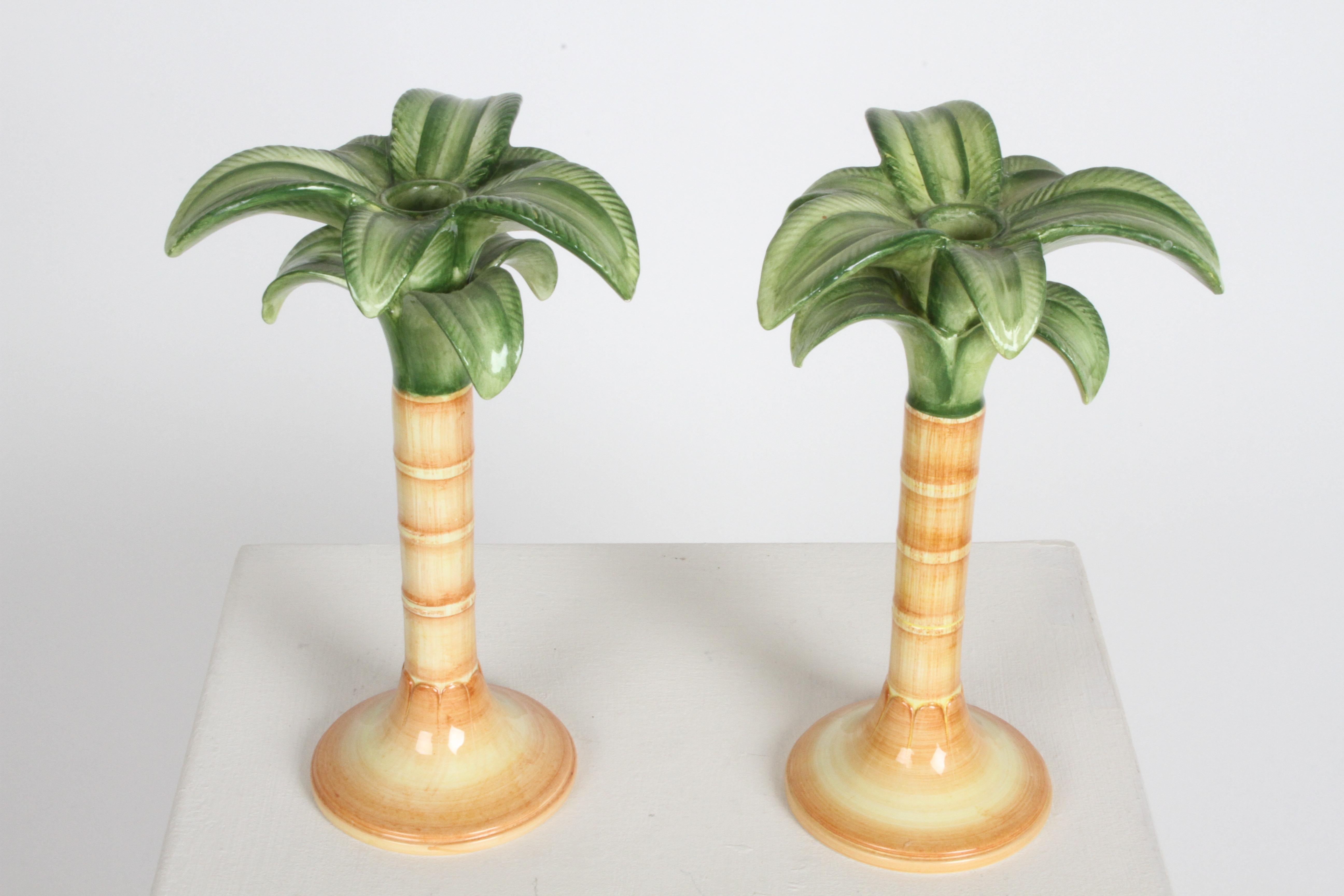 Nice pair of vintage Vietri - Italy hand painted Palm Tree form Oasi pattern candlesticks. In fine condition, no issues.