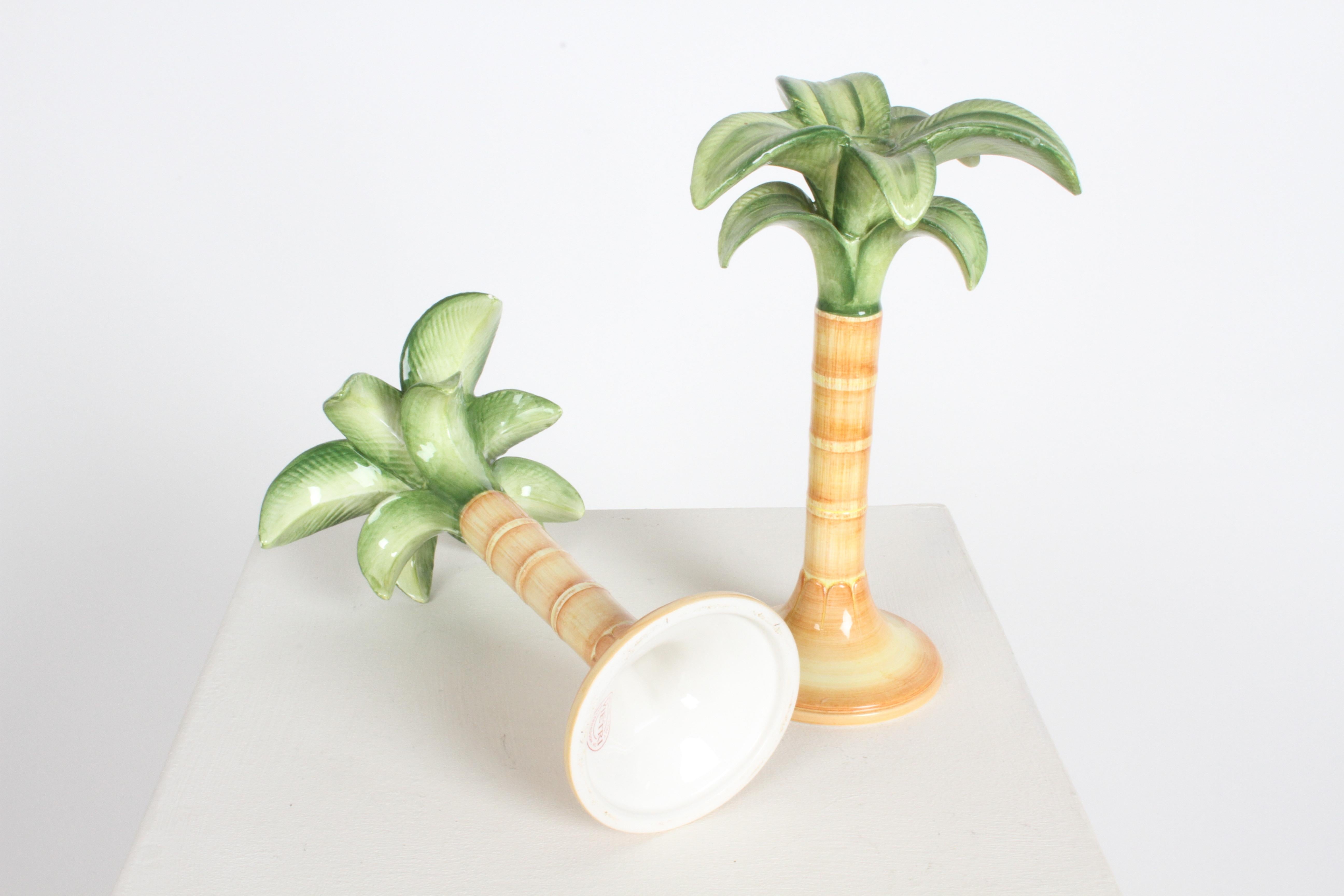 Late 20th Century Pair of Vintage Hand Painted Ceramic Palm Tree Candlesticks by Vietri, Italy