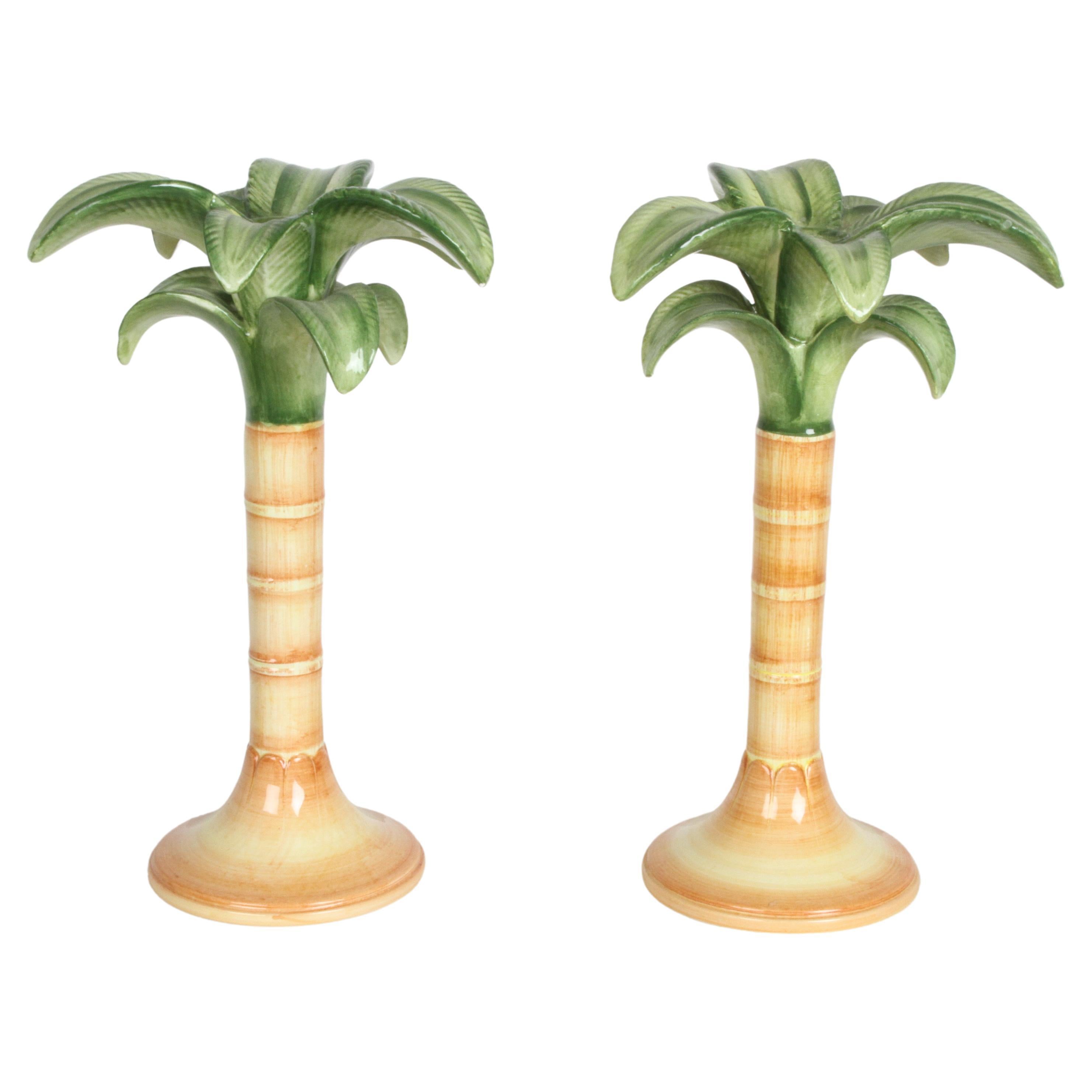 Pair of Vintage Hand Painted Ceramic Palm Tree Candlesticks by Vietri, Italy