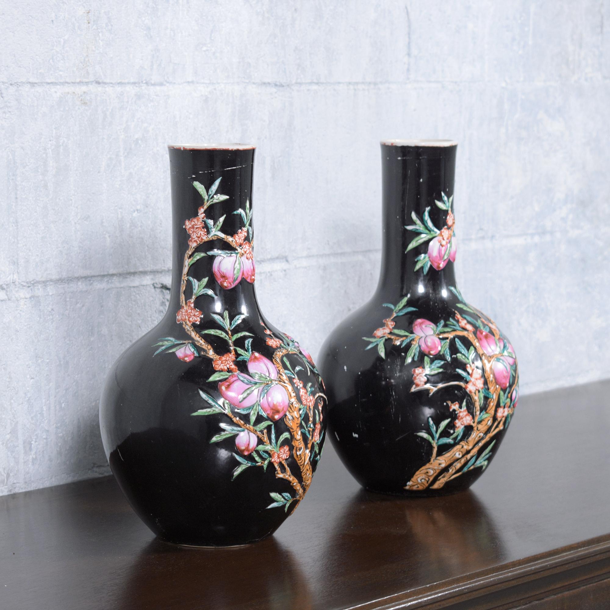 Neoclassical Revival Pair of Vintage Hand-Painted Chinese Porcelain Vases with Floral & Fruit Pattern For Sale