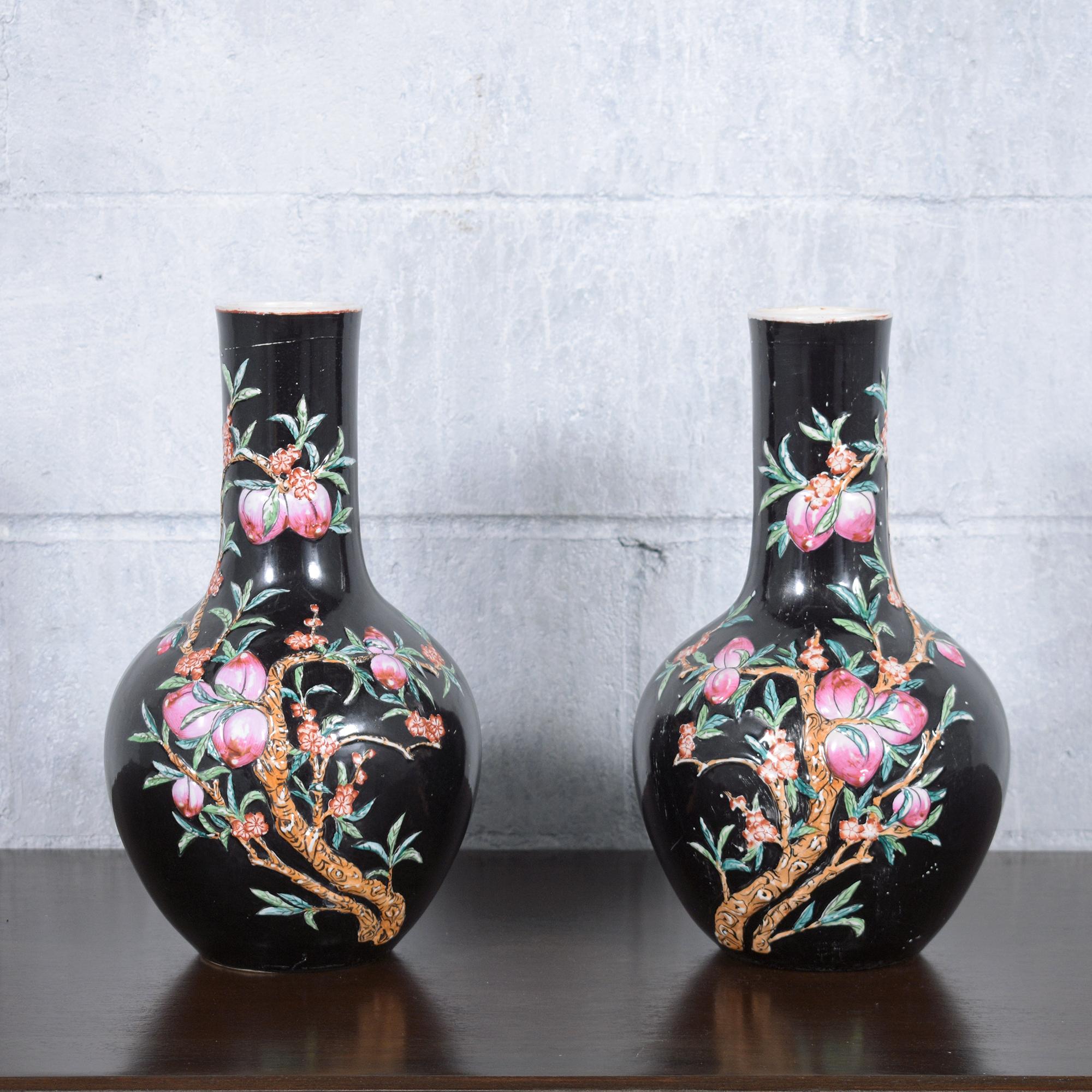 Polished Pair of Vintage Hand-Painted Chinese Porcelain Vases with Floral & Fruit Pattern For Sale