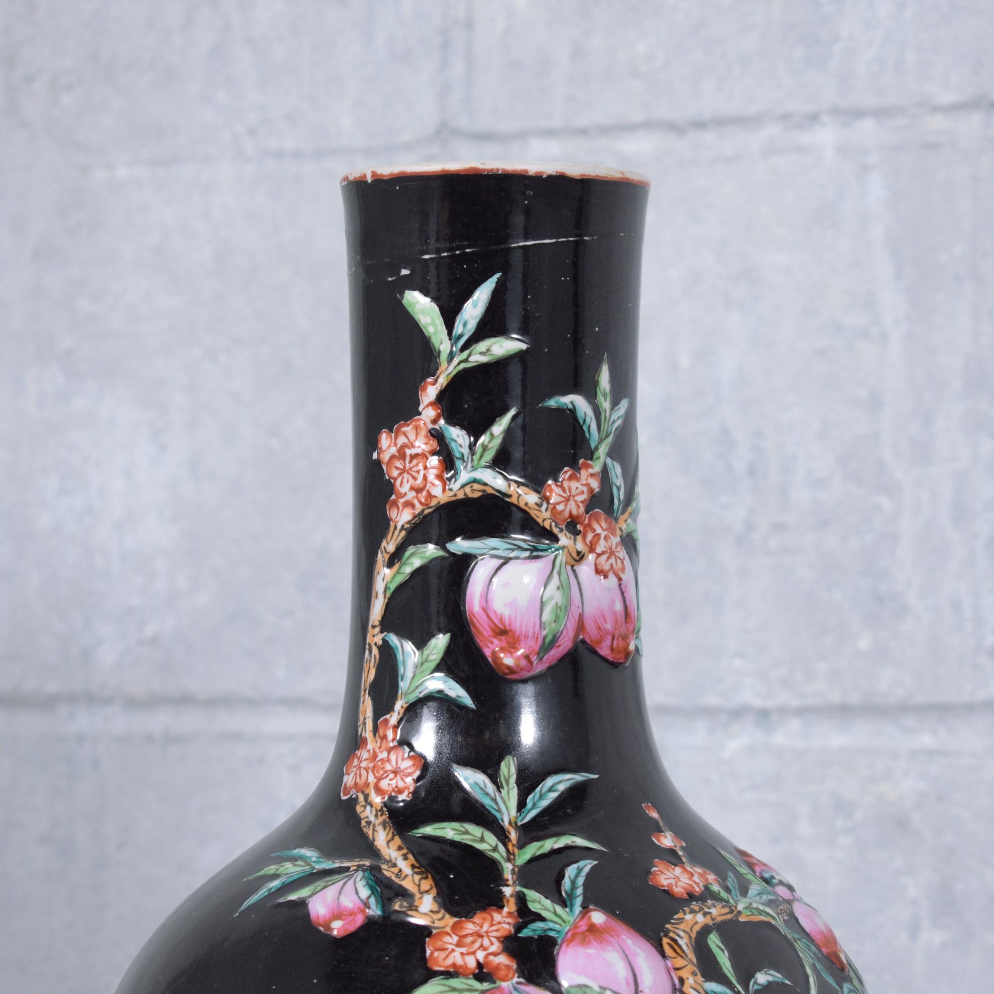 Mid-20th Century Pair of Vintage Hand-Painted Chinese Porcelain Vases with Floral & Fruit Pattern For Sale
